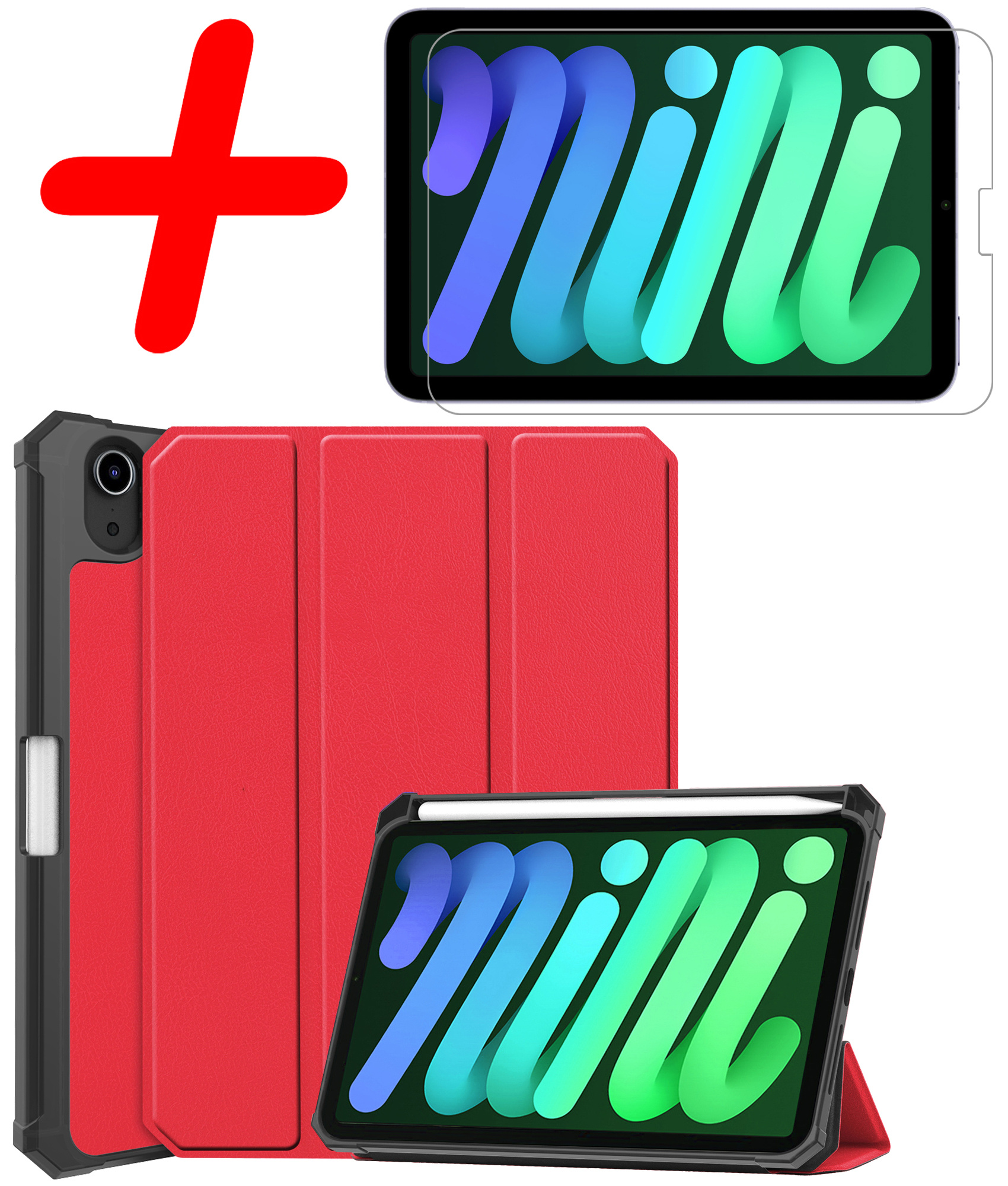 BASEY. Hoesje Geschikt voor iPad Mini 6 Hoes Case Tablet Hoesje Tri-fold Met Uitsparing Geschikt voor Apple Pencil Met Screenprotector - Hoes Geschikt voor iPad Mini 6 Hoesje Hard Cover Bookcase Hoes - Rood