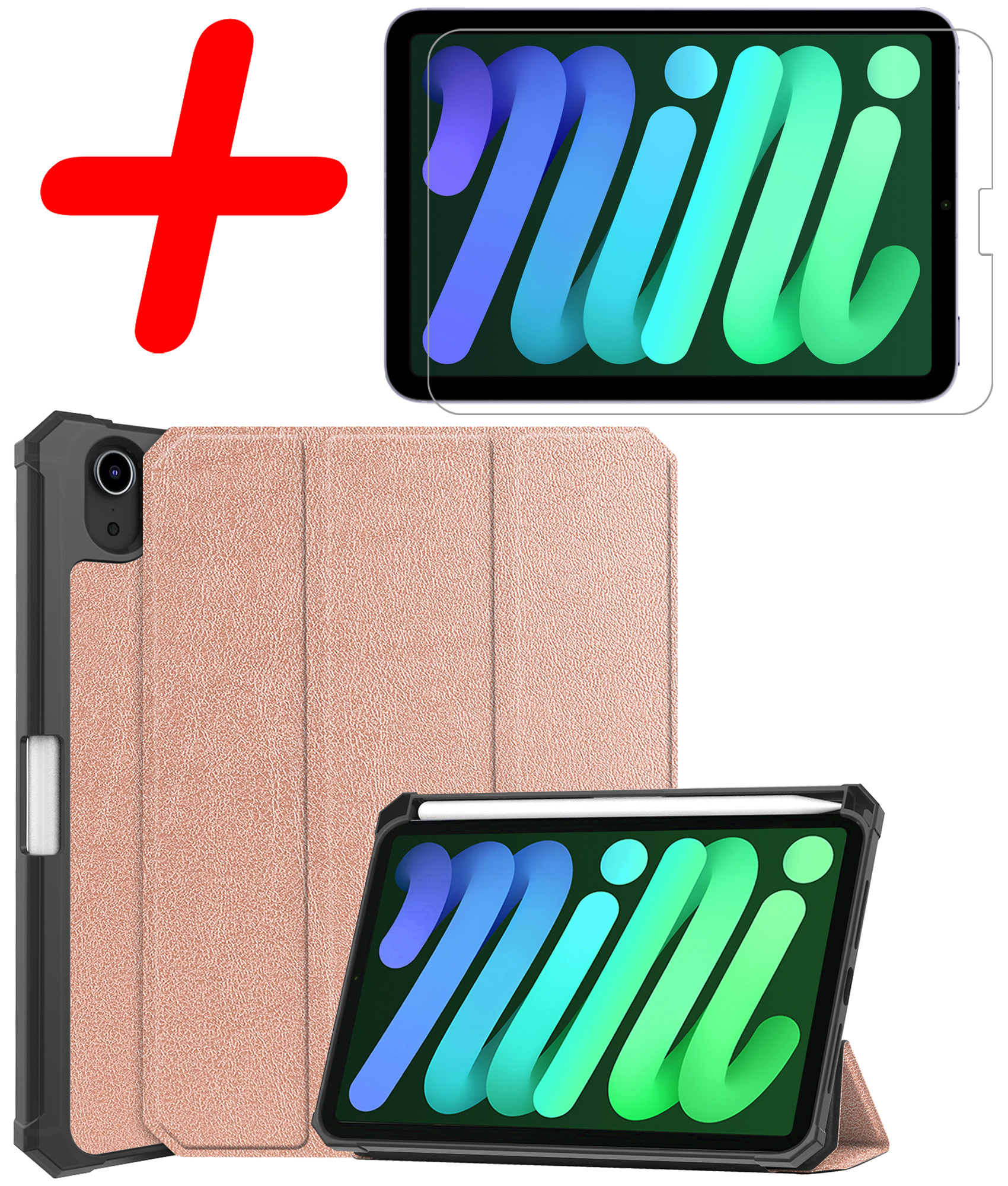 BASEY. Hoesje Geschikt voor iPad Mini 6 Hoes Case Tablet Hoesje Tri-fold Met Uitsparing Geschikt voor Apple Pencil Met Screenprotector - Hoes Geschikt voor iPad Mini 6 Hoesje Hard Cover Bookcase Hoes - Rosé goud