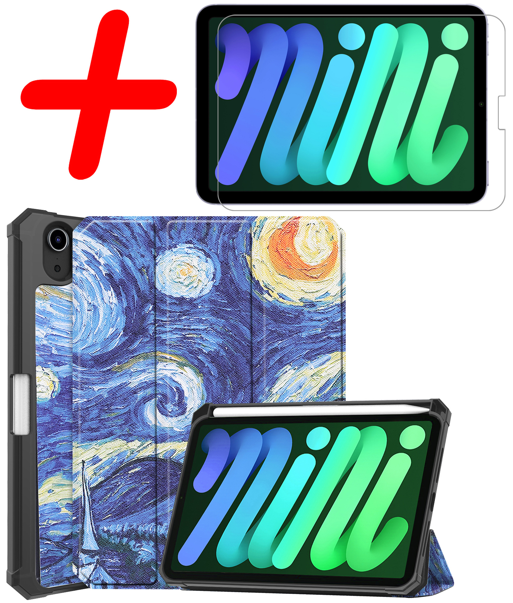 BASEY. Hoesje Geschikt voor iPad Mini 6 Hoes Case Tablet Hoesje Tri-fold Met Uitsparing Geschikt voor Apple Pencil Met Screenprotector - Hoes Geschikt voor iPad Mini 6 Hoesje Hard Cover Bookcase Hoes - Sterrenhemel