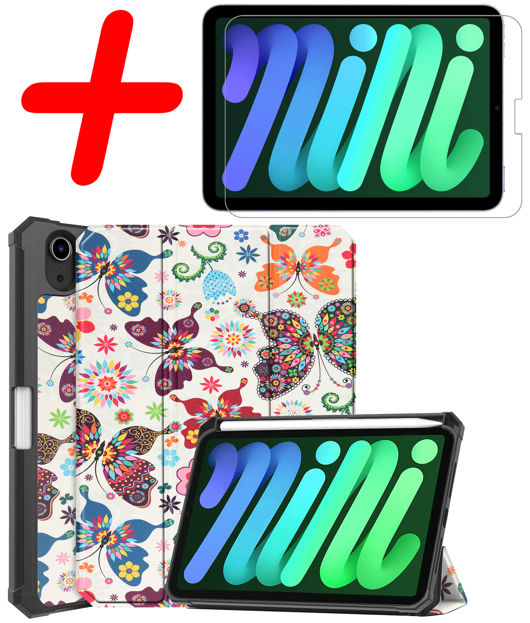 BASEY. Hoesje Geschikt voor iPad Mini 6 Hoes Case Tablet Hoesje Tri-fold Met Uitsparing Geschikt voor Apple Pencil Met Screenprotector - Hoes Geschikt voor iPad Mini 6 Hoesje Hard Cover Bookcase Hoes - Vlinders