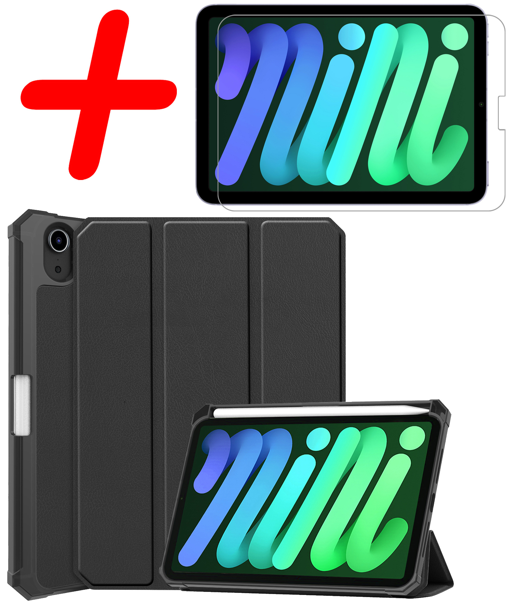 BASEY. Hoesje Geschikt voor iPad Mini 6 Hoes Case Tablet Hoesje Tri-fold Met Uitsparing Geschikt voor Apple Pencil Met Screenprotector - Hoes Geschikt voor iPad Mini 6 Hoesje Hard Cover Bookcase Hoes - Zwart