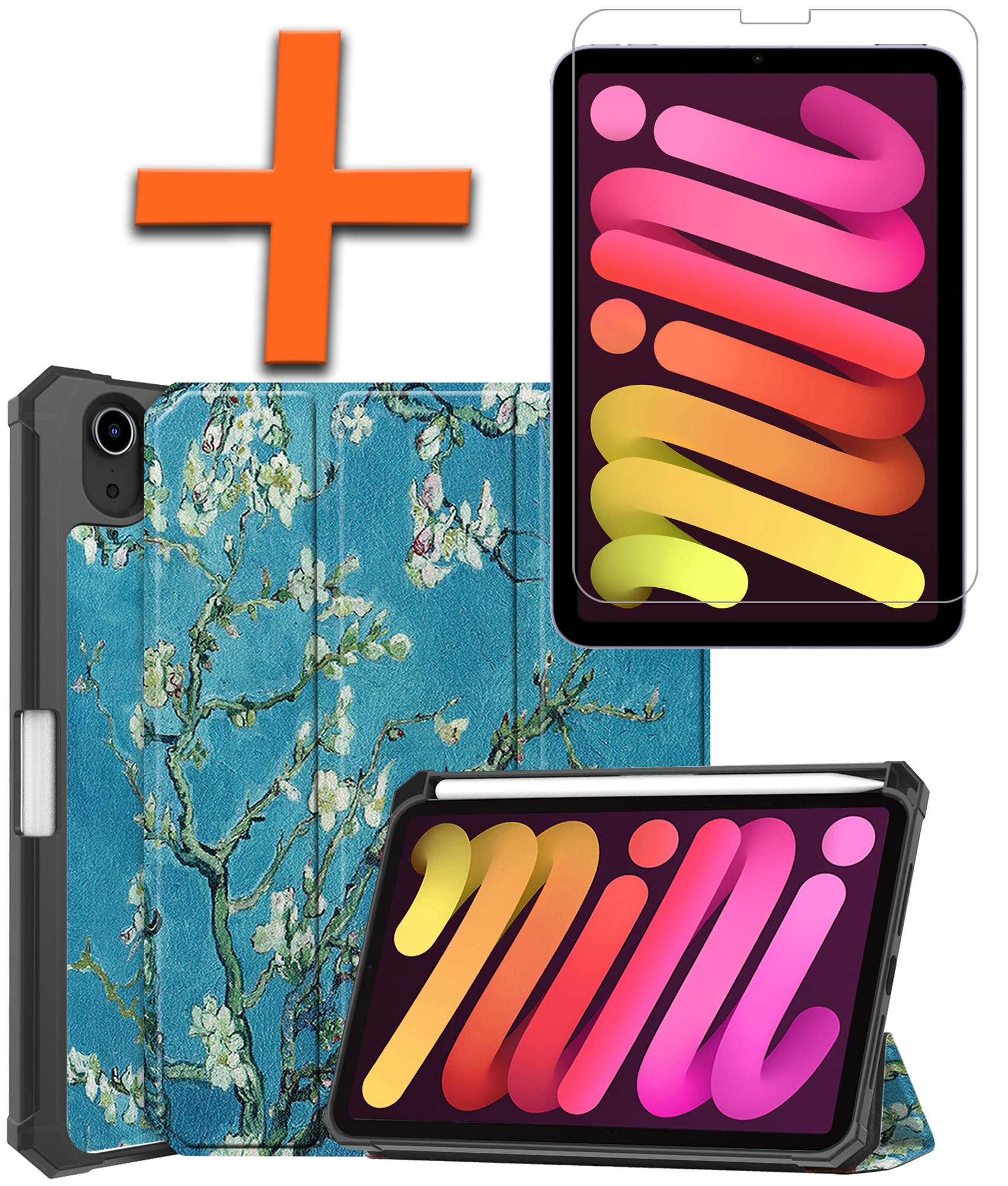 Nomfy Hoes Geschikt voor iPad Mini 6 Hoes Tri-fold Tablet Hoesje Case Met Uitsparing Geschikt voor Apple Pencil Met Screenprotector - Hoesje Geschikt voor iPad Mini 6 Hoesje Hardcover Bookcase - Bloesem