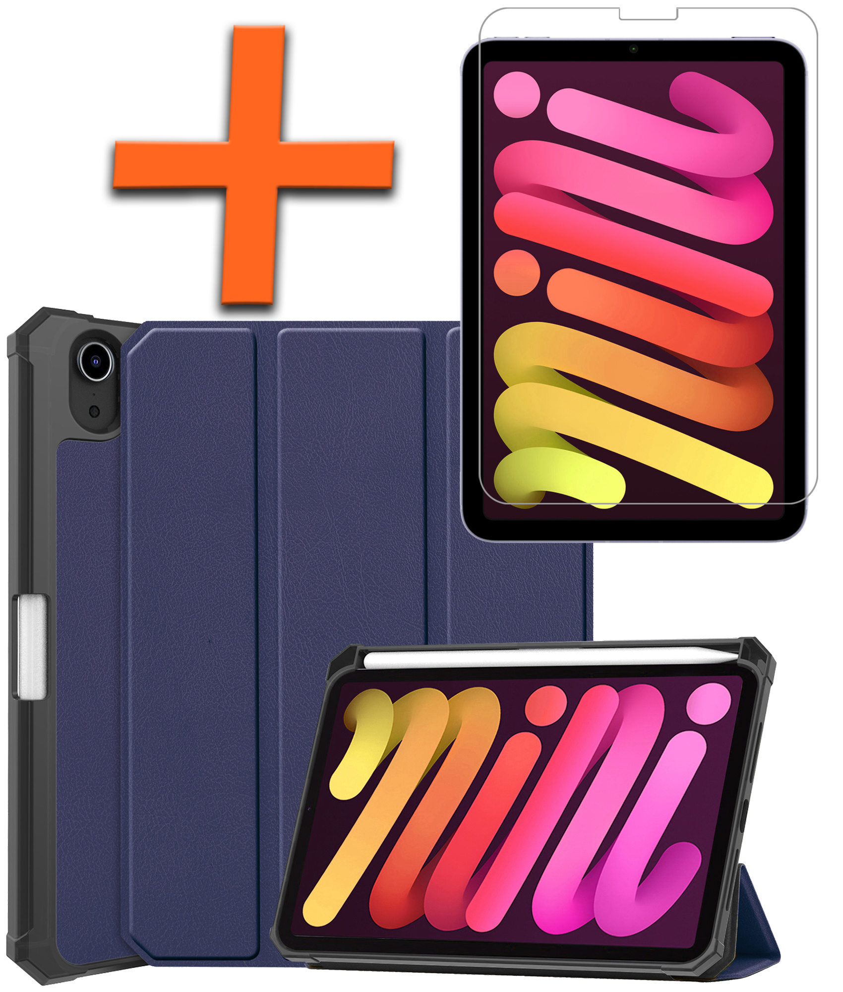 Nomfy Hoes Geschikt voor iPad Mini 6 Hoes Tri-fold Tablet Hoesje Case Met Uitsparing Geschikt voor Apple Pencil Met Screenprotector - Hoesje Geschikt voor iPad Mini 6 Hoesje Hardcover Bookcase - Donkerblauw