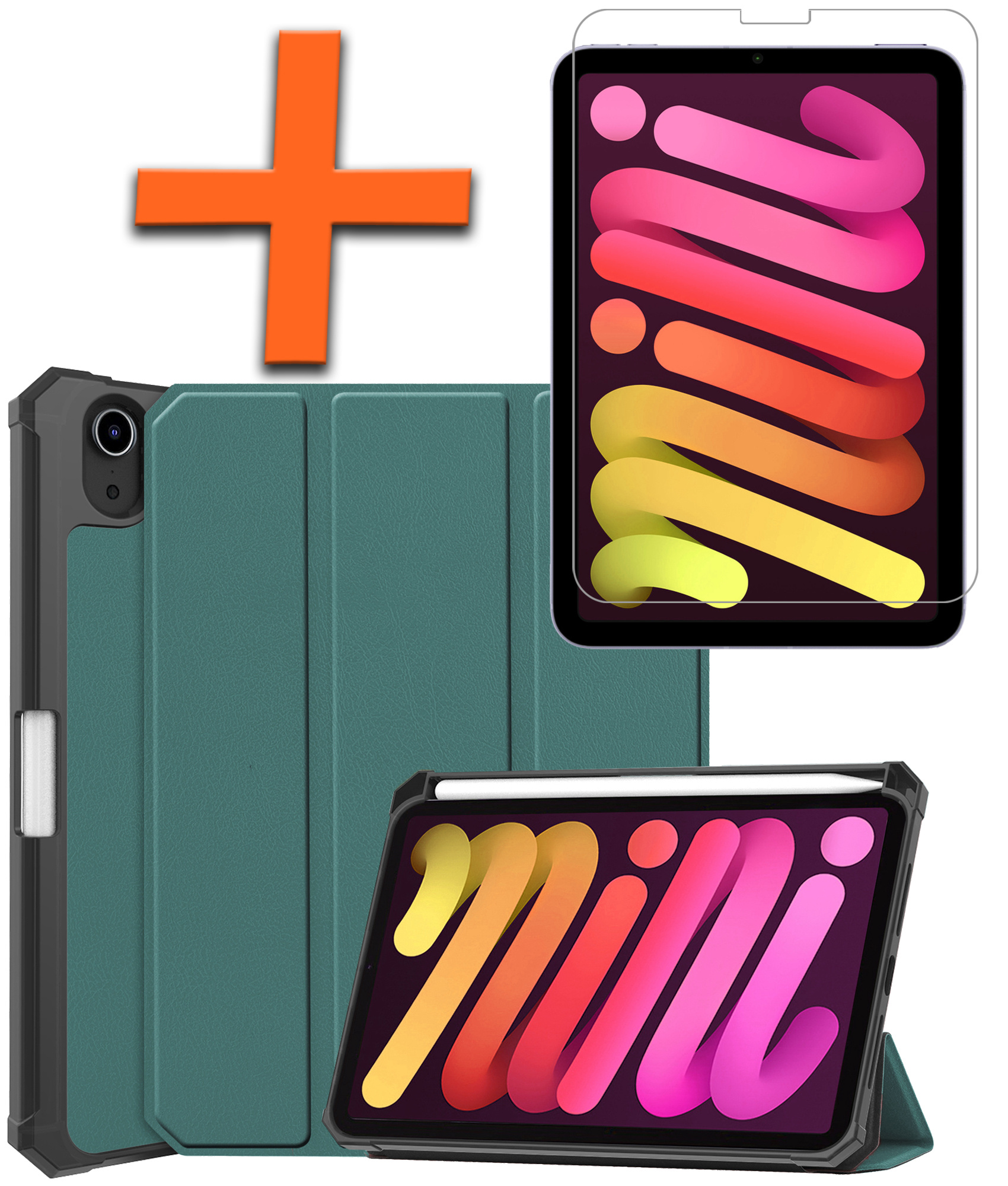 Nomfy Hoes Geschikt voor iPad Mini 6 Hoes Tri-fold Tablet Hoesje Case Met Uitsparing Geschikt voor Apple Pencil Met Screenprotector - Hoesje Geschikt voor iPad Mini 6 Hoesje Hardcover Bookcase - Donkergroen