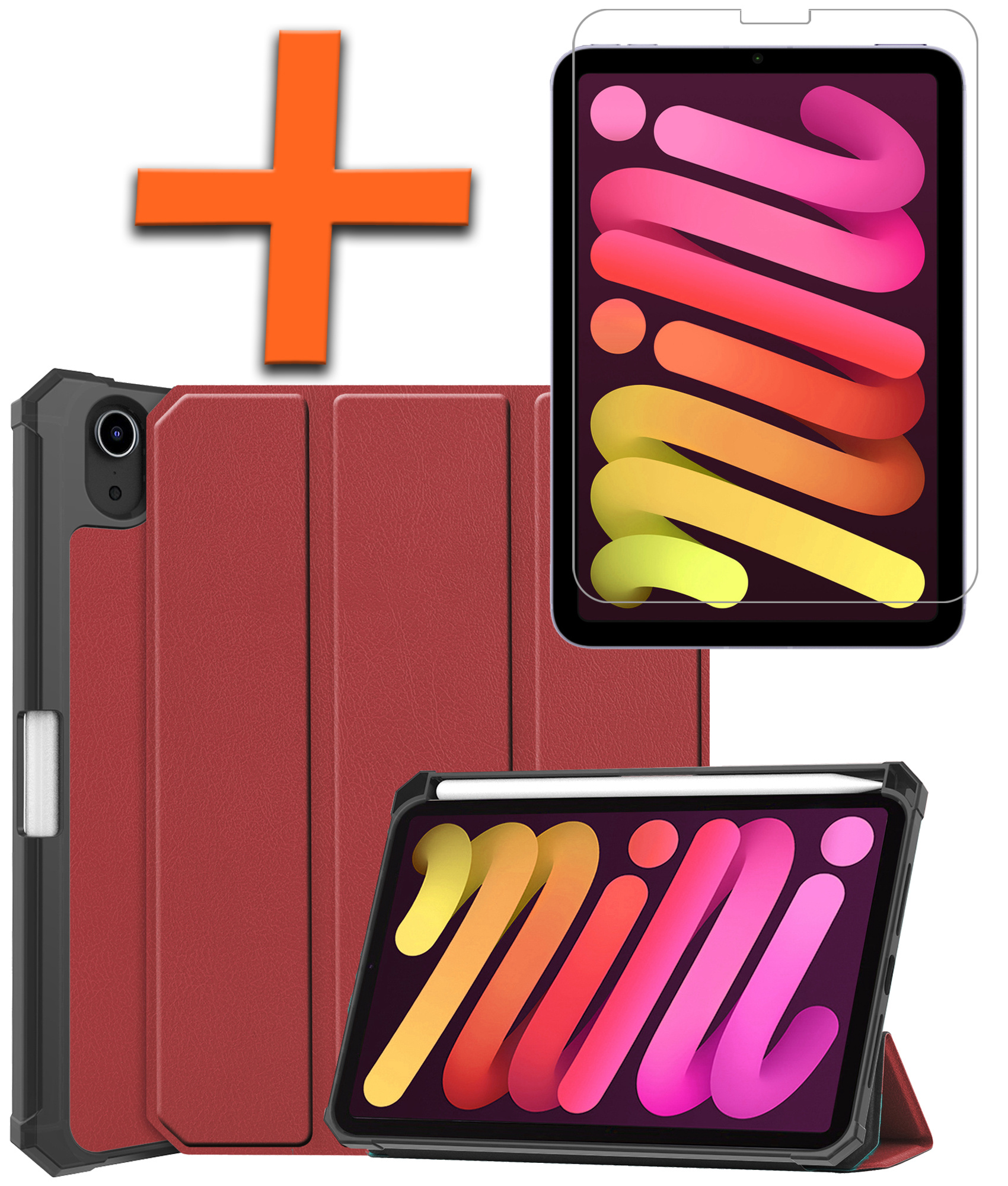 Nomfy Hoes Geschikt voor iPad Mini 6 Hoes Tri-fold Tablet Hoesje Case Met Uitsparing Geschikt voor Apple Pencil Met Screenprotector - Hoesje Geschikt voor iPad Mini 6 Hoesje Hardcover Bookcase - Donkerrood