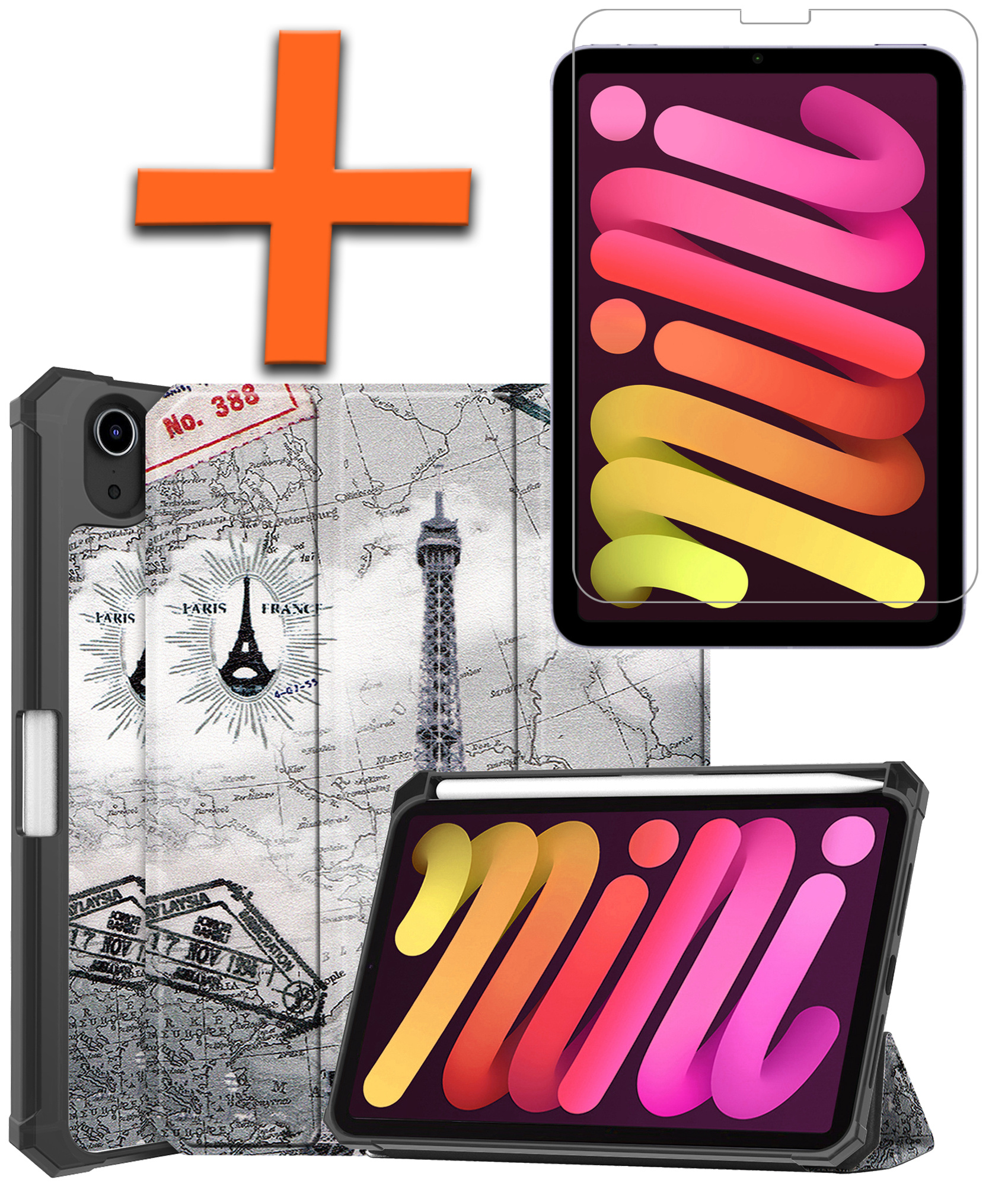Nomfy Hoes Geschikt voor iPad Mini 6 Hoes Tri-fold Tablet Hoesje Case Met Uitsparing Geschikt voor Apple Pencil Met Screenprotector - Hoesje Geschikt voor iPad Mini 6 Hoesje Hardcover Bookcase - Eiffeltoren