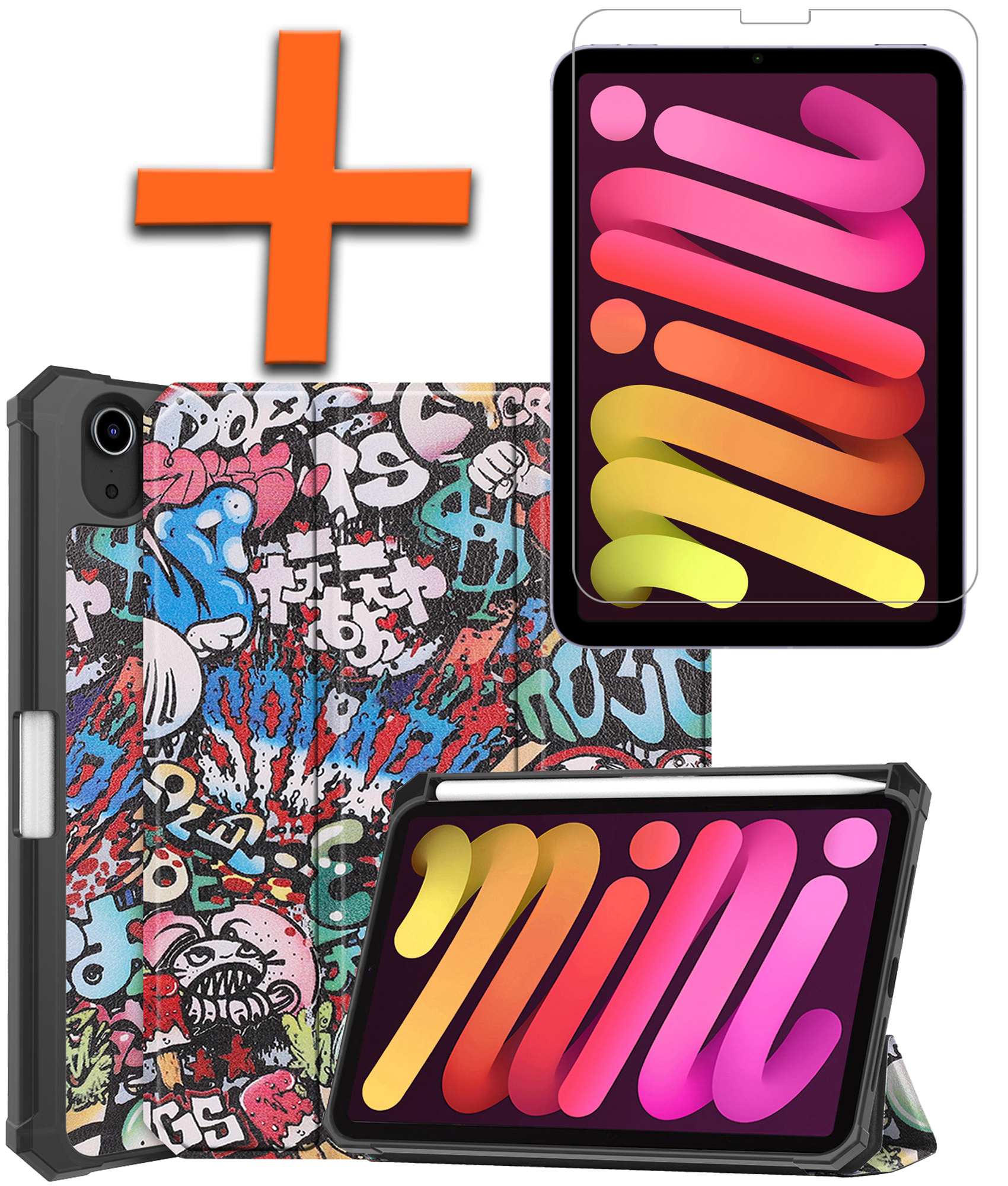 Nomfy Hoes Geschikt voor iPad Mini 6 Hoes Tri-fold Tablet Hoesje Case Met Uitsparing Geschikt voor Apple Pencil Met Screenprotector - Hoesje Geschikt voor iPad Mini 6 Hoesje Hardcover Bookcase - Graffity