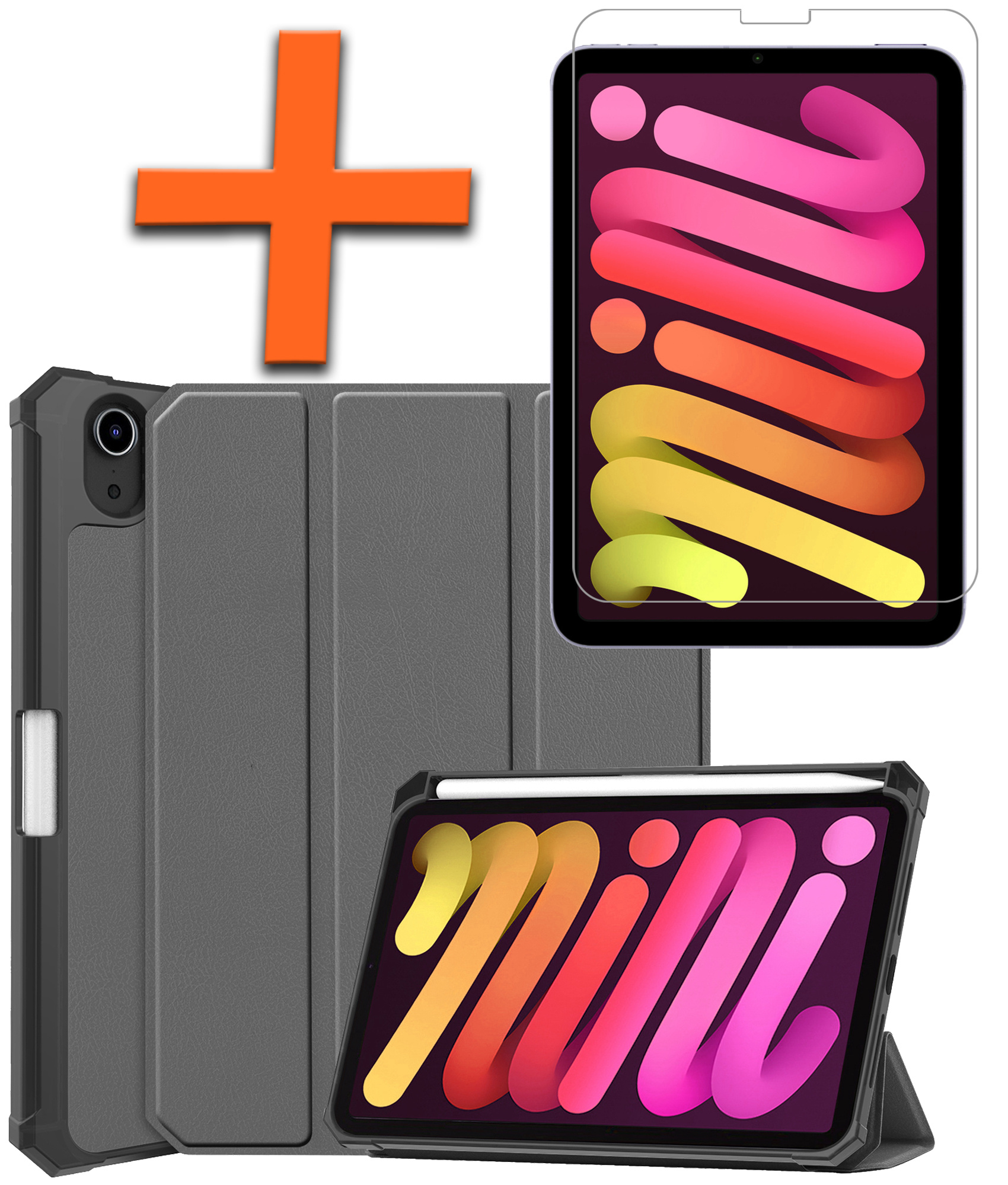 Nomfy Hoes Geschikt voor iPad Mini 6 Hoes Tri-fold Tablet Hoesje Case Met Uitsparing Geschikt voor Apple Pencil Met Screenprotector - Hoesje Geschikt voor iPad Mini 6 Hoesje Hardcover Bookcase - Grijs