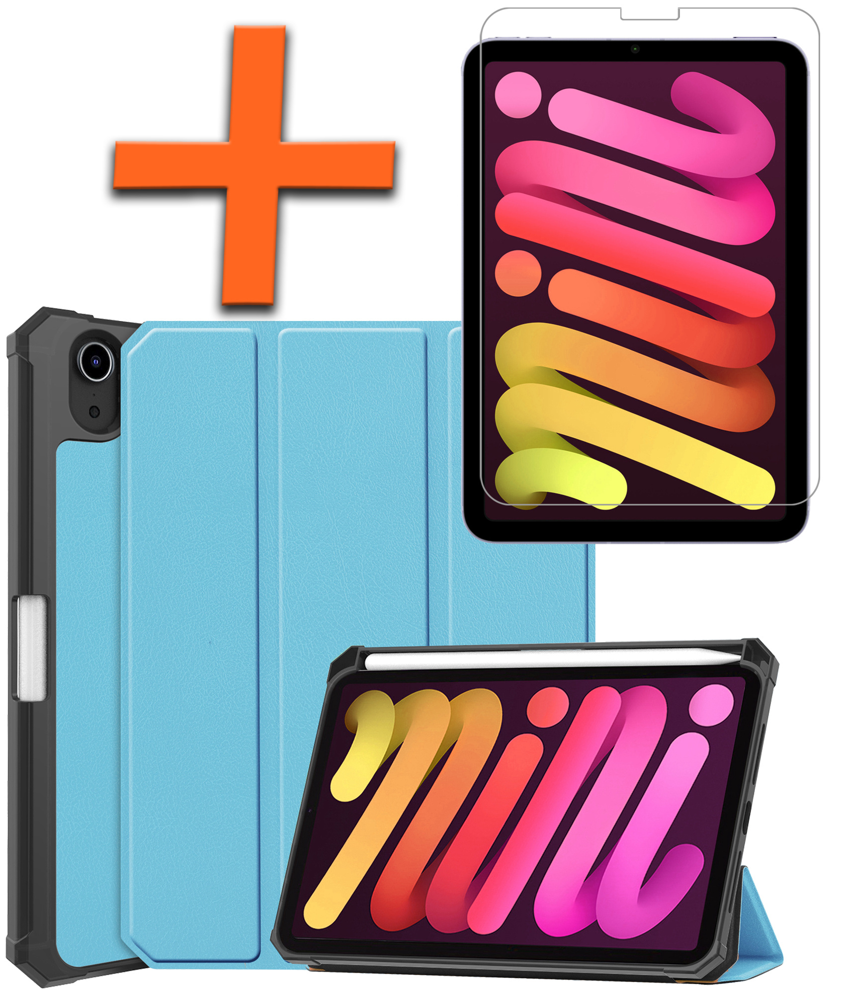 Nomfy Hoes Geschikt voor iPad Mini 6 Hoes Tri-fold Tablet Hoesje Case Met Uitsparing Geschikt voor Apple Pencil Met Screenprotector - Hoesje Geschikt voor iPad Mini 6 Hoesje Hardcover Bookcase - Lichtblauw