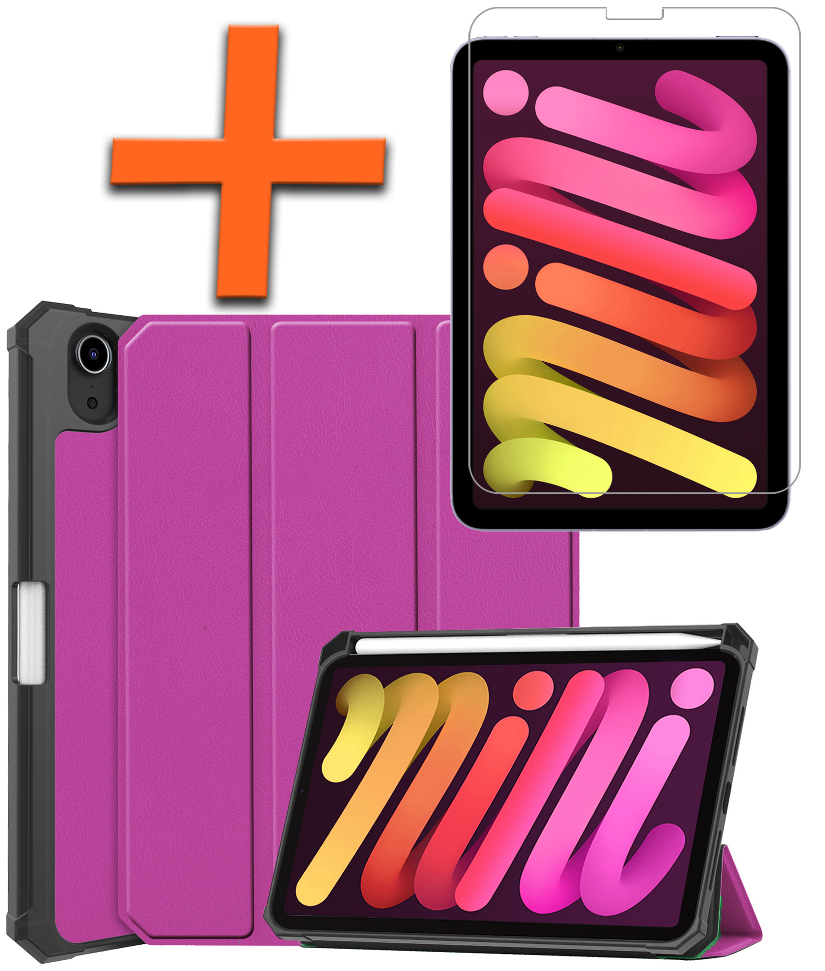 Nomfy Hoes Geschikt voor iPad Mini 6 Hoes Tri-fold Tablet Hoesje Case Met Uitsparing Geschikt voor Apple Pencil Met Screenprotector - Hoesje Geschikt voor iPad Mini 6 Hoesje Hardcover Bookcase - Paars