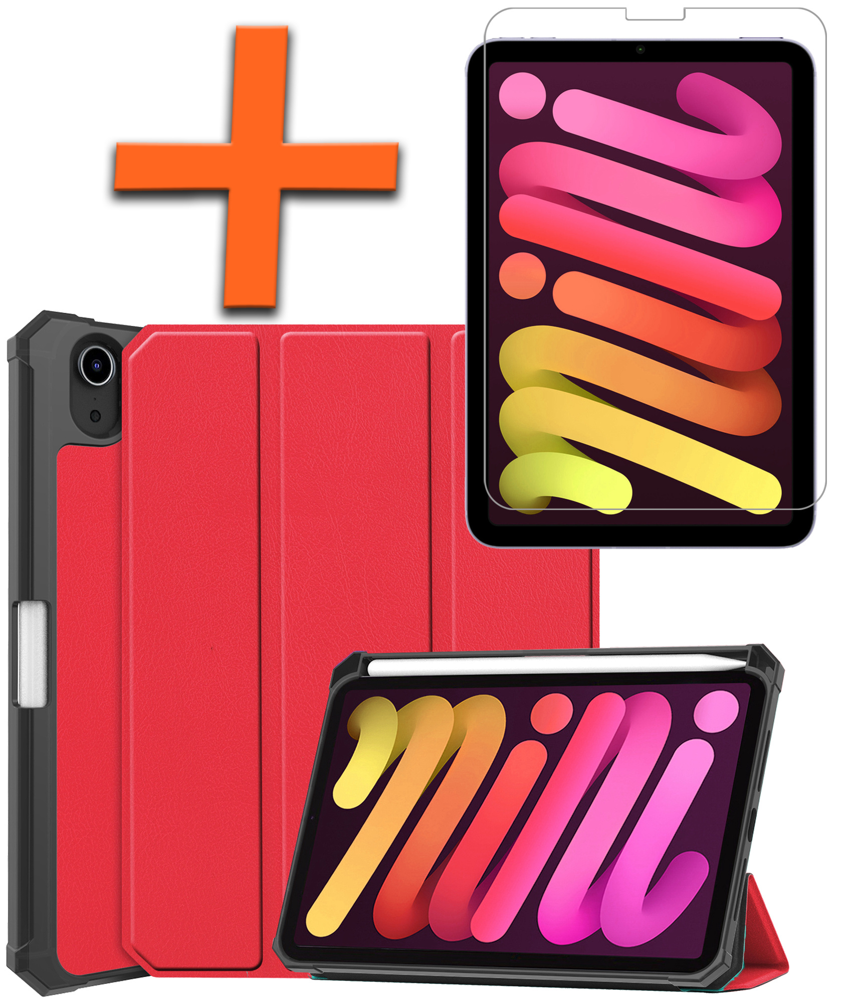 Nomfy Hoes Geschikt voor iPad Mini 6 Hoes Tri-fold Tablet Hoesje Case Met Uitsparing Geschikt voor Apple Pencil Met Screenprotector - Hoesje Geschikt voor iPad Mini 6 Hoesje Hardcover Bookcase - Rood