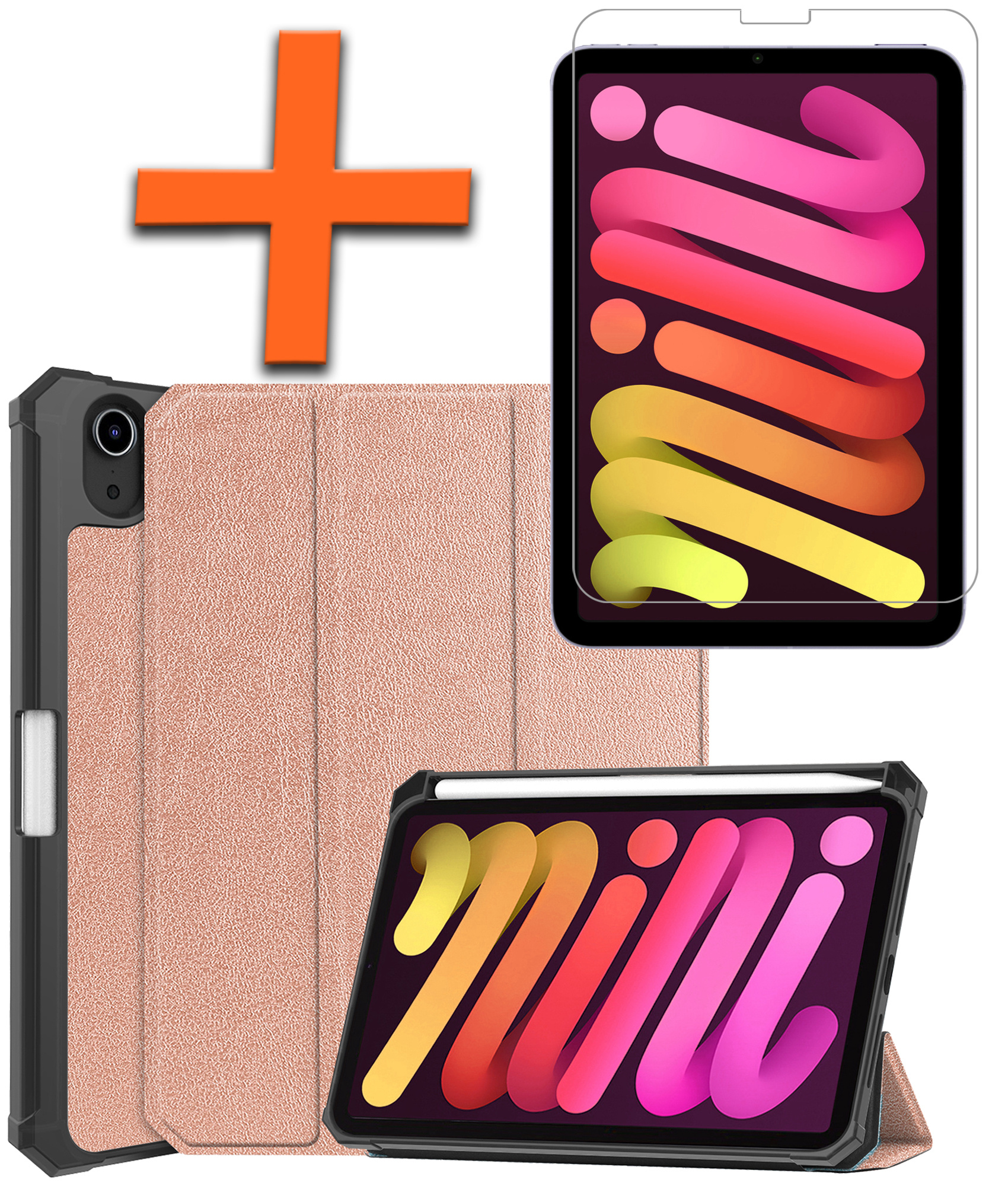 Nomfy Hoes Geschikt voor iPad Mini 6 Hoes Tri-fold Tablet Hoesje Case Met Uitsparing Geschikt voor Apple Pencil Met Screenprotector - Hoesje Geschikt voor iPad Mini 6 Hoesje Hardcover Bookcase - Rosé goud