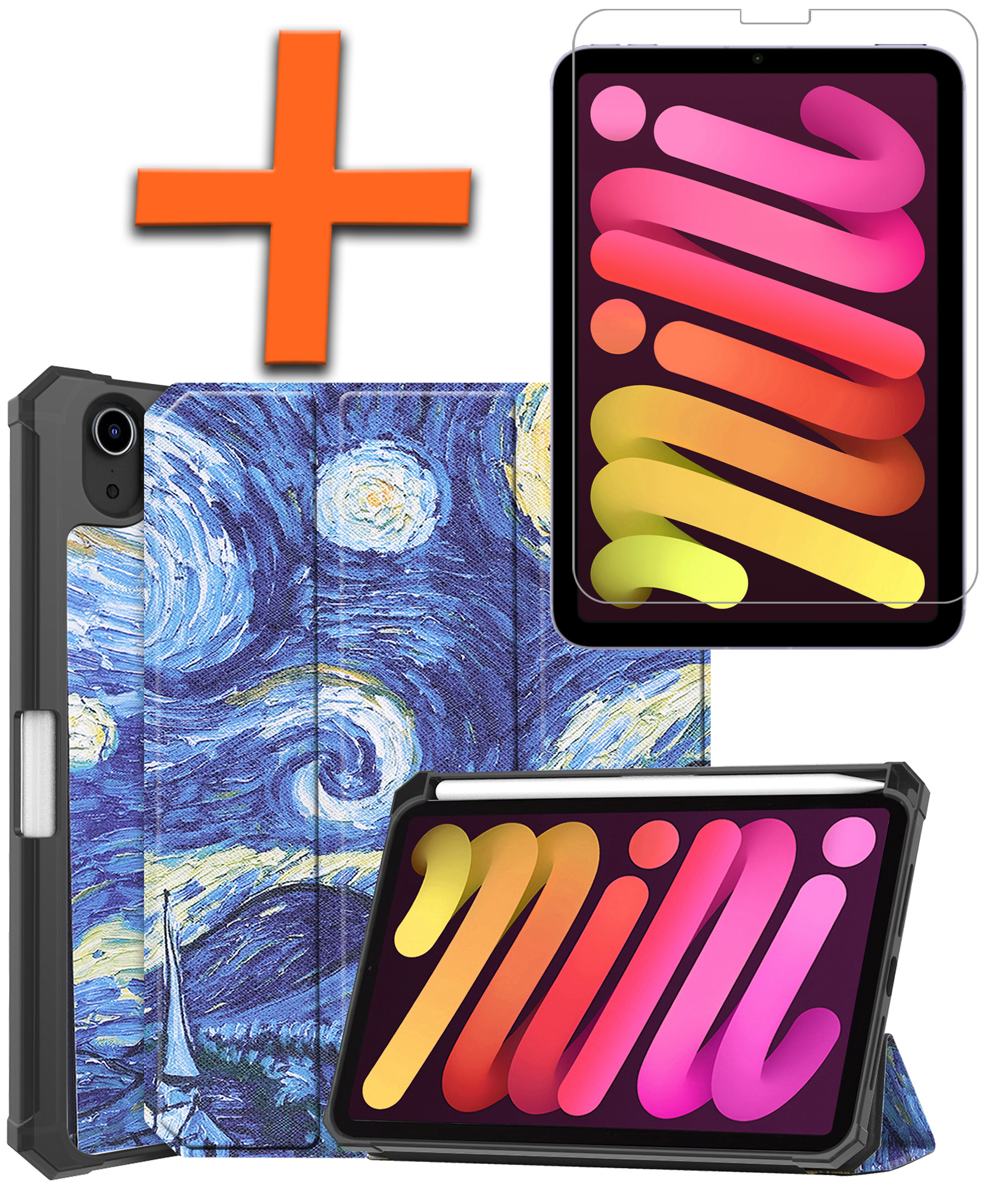 Nomfy Hoes Geschikt voor iPad Mini 6 Hoes Tri-fold Tablet Hoesje Case Met Uitsparing Geschikt voor Apple Pencil Met Screenprotector - Hoesje Geschikt voor iPad Mini 6 Hoesje Hardcover Bookcase - Sterrenhemel