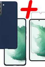 BASEY. Hoes Geschikt voor Samsung S22 Hoesje Siliconen Back Cover Case Met Screenprotector - Hoesje Geschikt voor Samsung Galaxy S22 Hoes Cover Hoesje - Donkerblauw