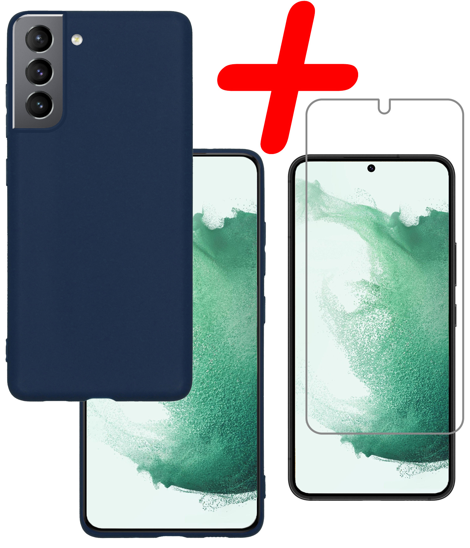 BASEY. Hoes Geschikt voor Samsung S22 Hoesje Siliconen Back Cover Case Met Screenprotector - Hoesje Geschikt voor Samsung Galaxy S22 Hoes Cover Hoesje - Donkerblauw