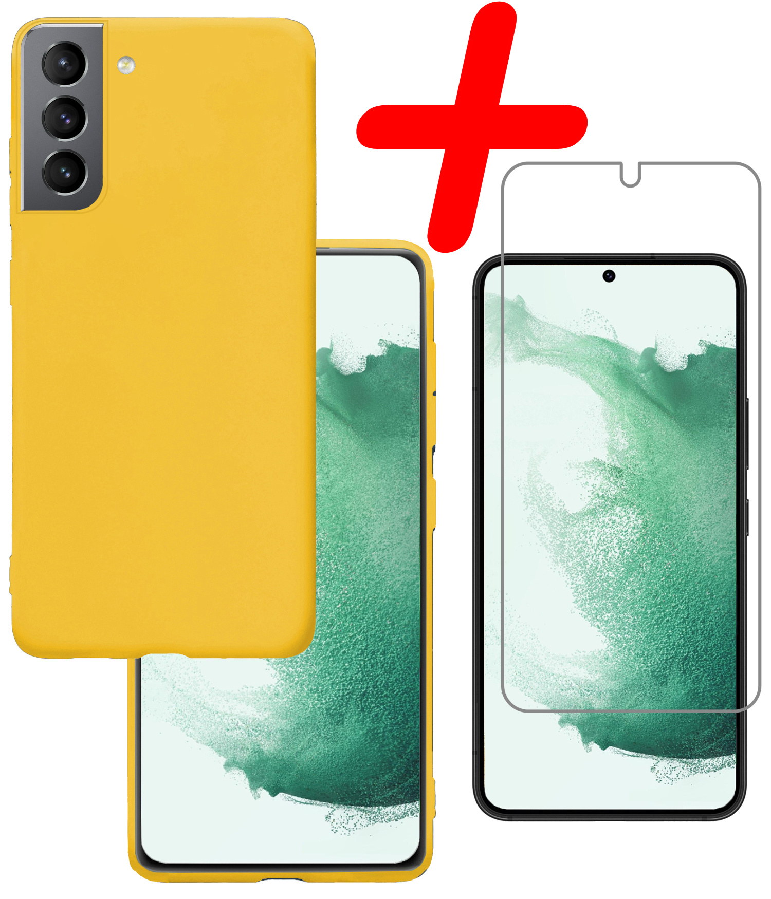 BASEY. Hoes Geschikt voor Samsung S22 Hoesje Siliconen Back Cover Case Met Screenprotector - Hoesje Geschikt voor Samsung Galaxy S22 Hoes Cover Hoesje - Geel