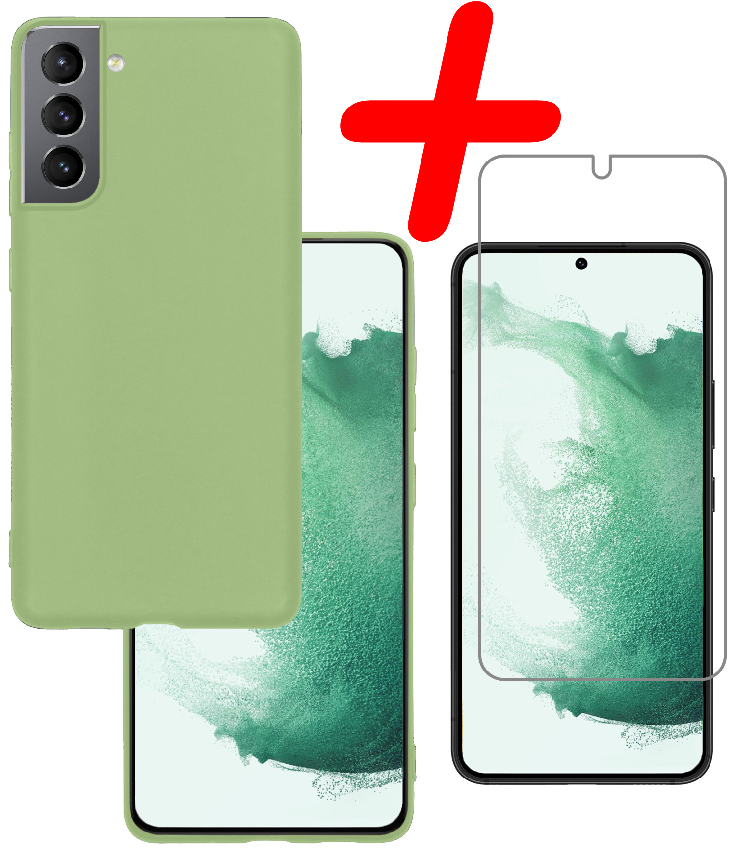 BASEY. Hoes Geschikt voor Samsung S22 Hoesje Siliconen Back Cover Case Met Screenprotector - Hoesje Geschikt voor Samsung Galaxy S22 Hoes Cover Hoesje - Groen