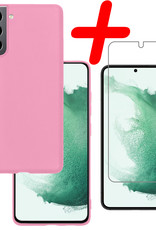 BASEY. Hoes Geschikt voor Samsung S22 Hoesje Siliconen Back Cover Case Met Screenprotector - Hoesje Geschikt voor Samsung Galaxy S22 Hoes Cover Hoesje - Lichtroze