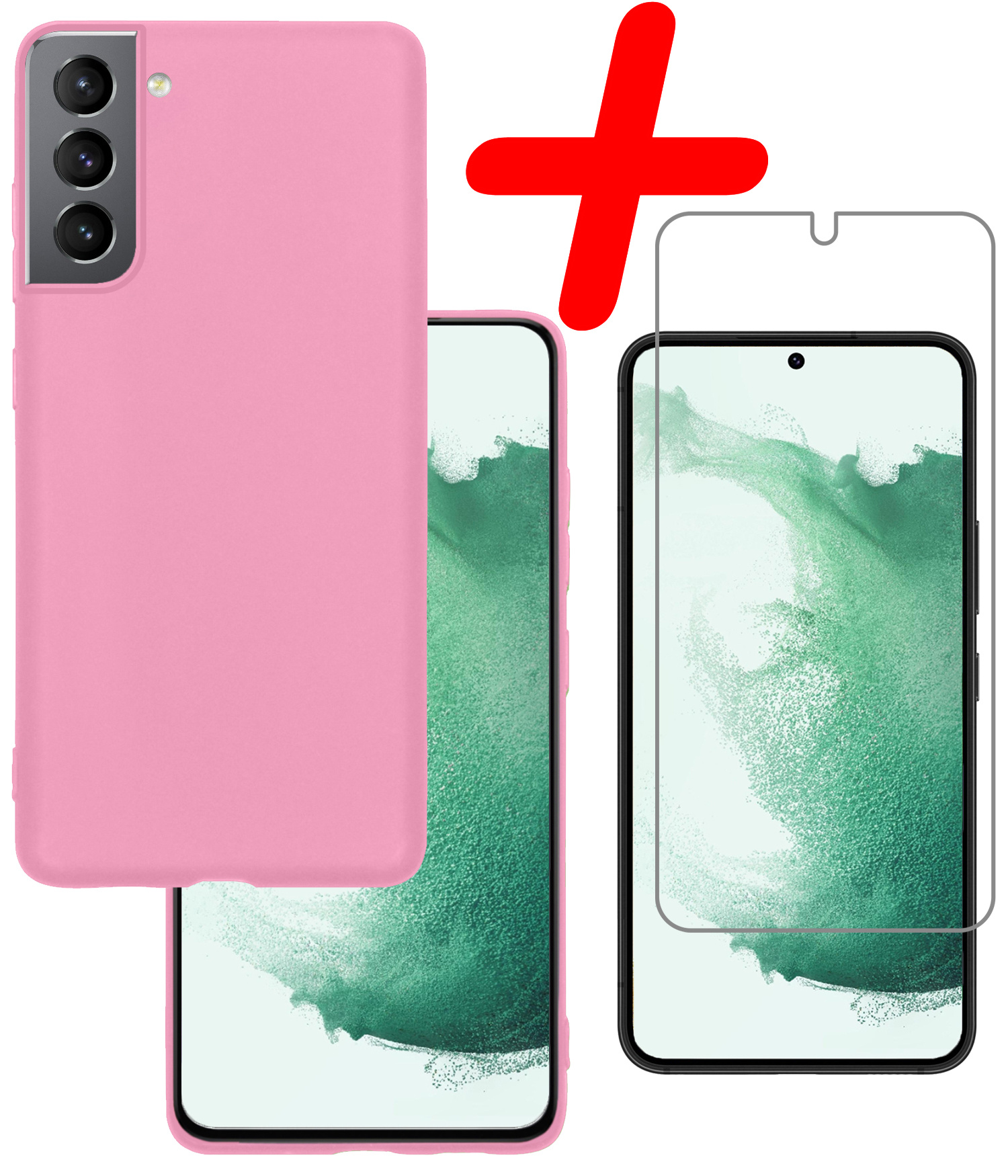 BASEY. Hoes Geschikt voor Samsung S22 Hoesje Siliconen Back Cover Case Met Screenprotector - Hoesje Geschikt voor Samsung Galaxy S22 Hoes Cover Hoesje - Lichtroze