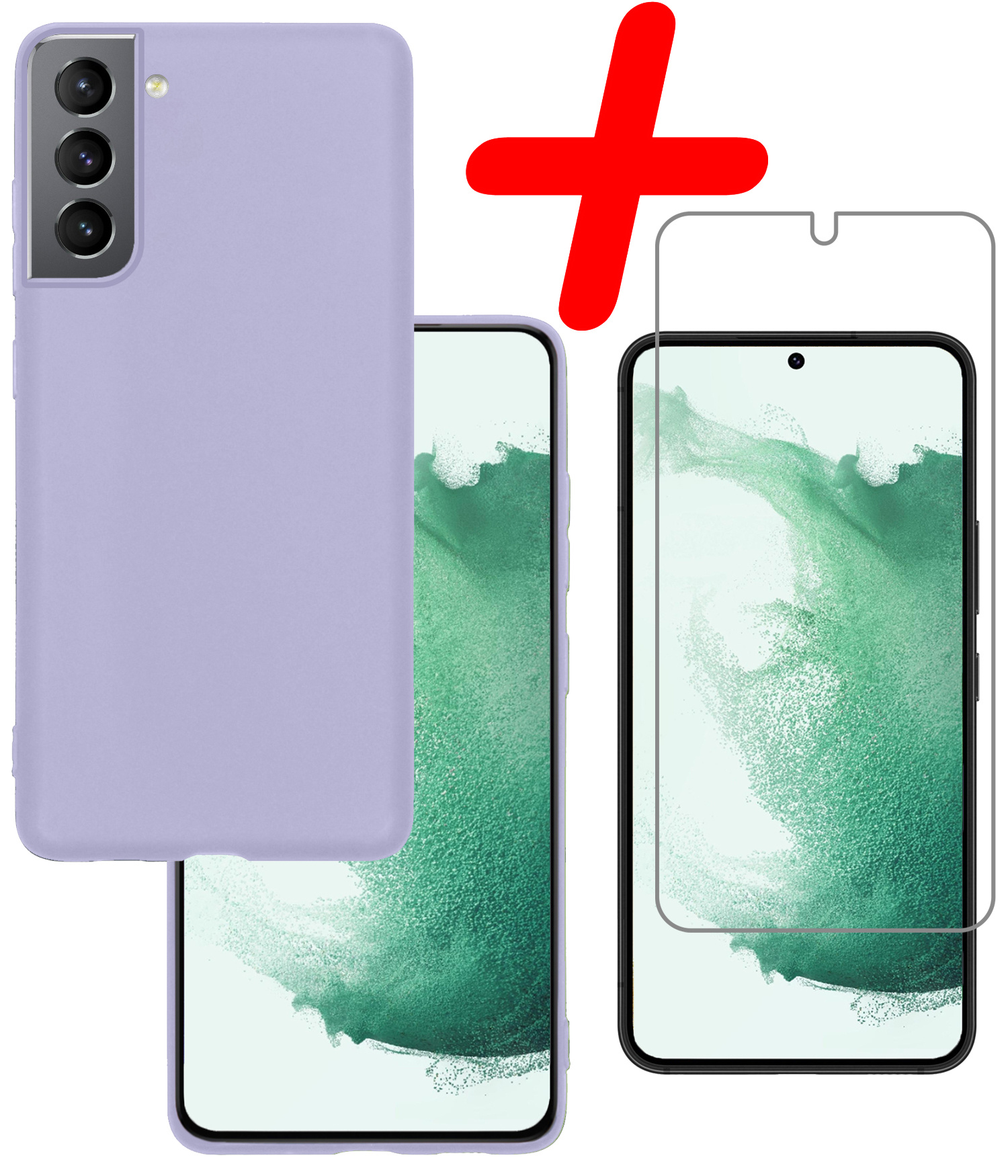 BASEY. Hoes Geschikt voor Samsung S22 Hoesje Siliconen Back Cover Case Met Screenprotector - Hoesje Geschikt voor Samsung Galaxy S22 Hoes Cover Hoesje - Lila
