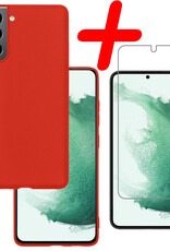 BASEY. Hoes Geschikt voor Samsung S22 Hoesje Siliconen Back Cover Case Met Screenprotector - Hoesje Geschikt voor Samsung Galaxy S22 Hoes Cover Hoesje - Rood
