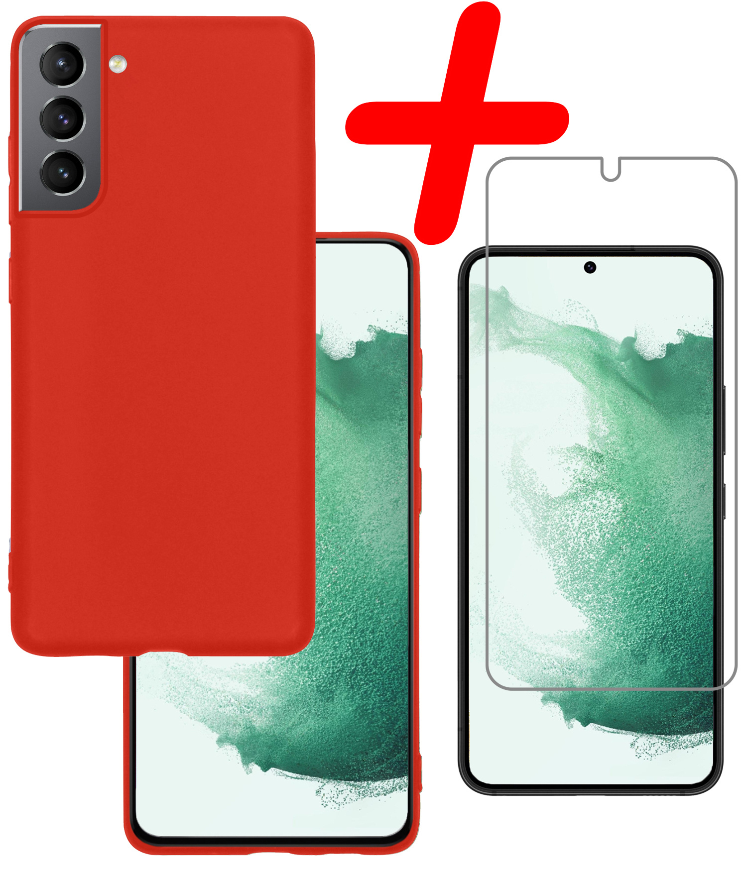 BASEY. Hoes Geschikt voor Samsung S22 Hoesje Siliconen Back Cover Case Met Screenprotector - Hoesje Geschikt voor Samsung Galaxy S22 Hoes Cover Hoesje - Rood