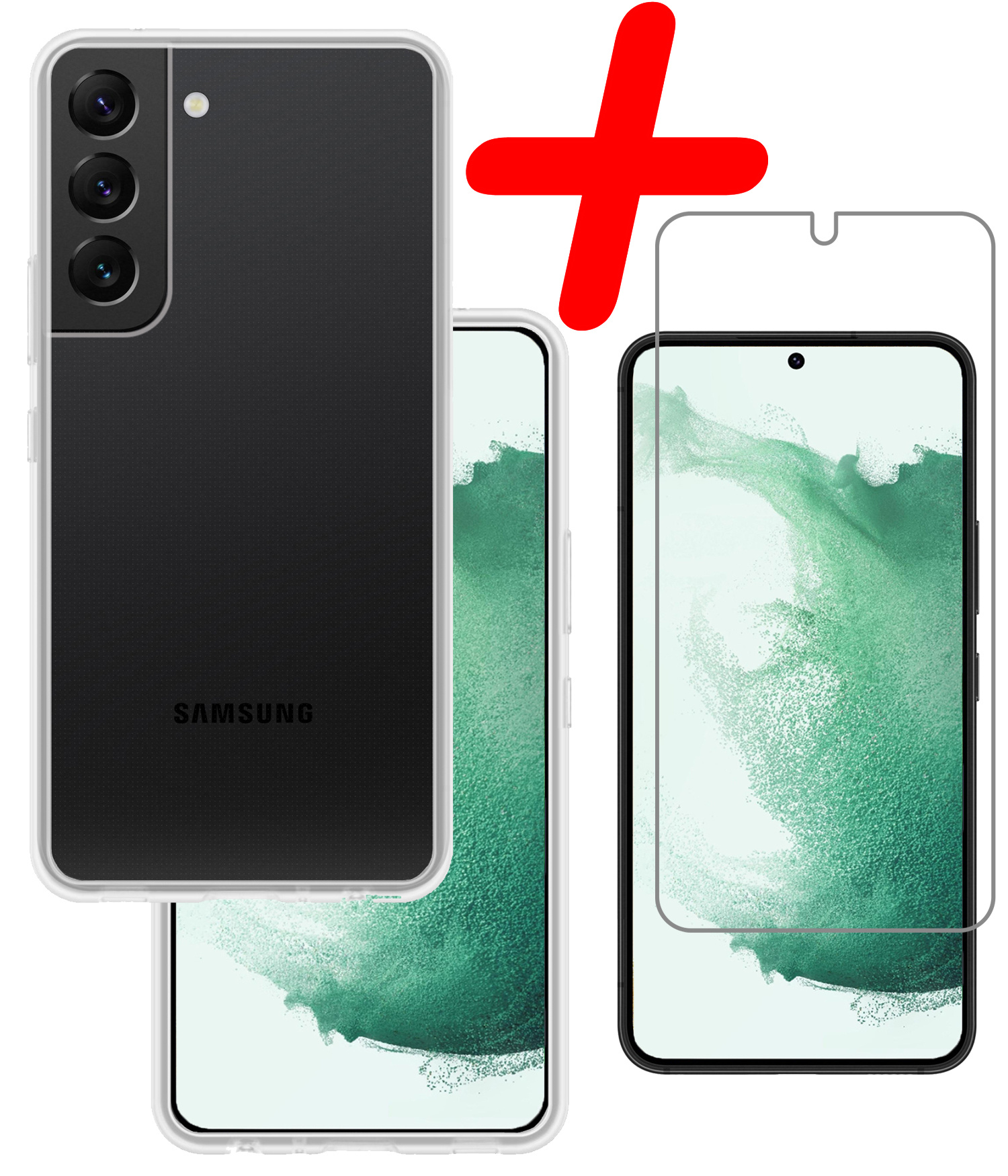 BASEY. Hoes Geschikt voor Samsung S22 Hoesje Siliconen Back Cover Case Met Screenprotector - Hoesje Geschikt voor Samsung Galaxy S22 Hoes Cover Hoesje - Transparant