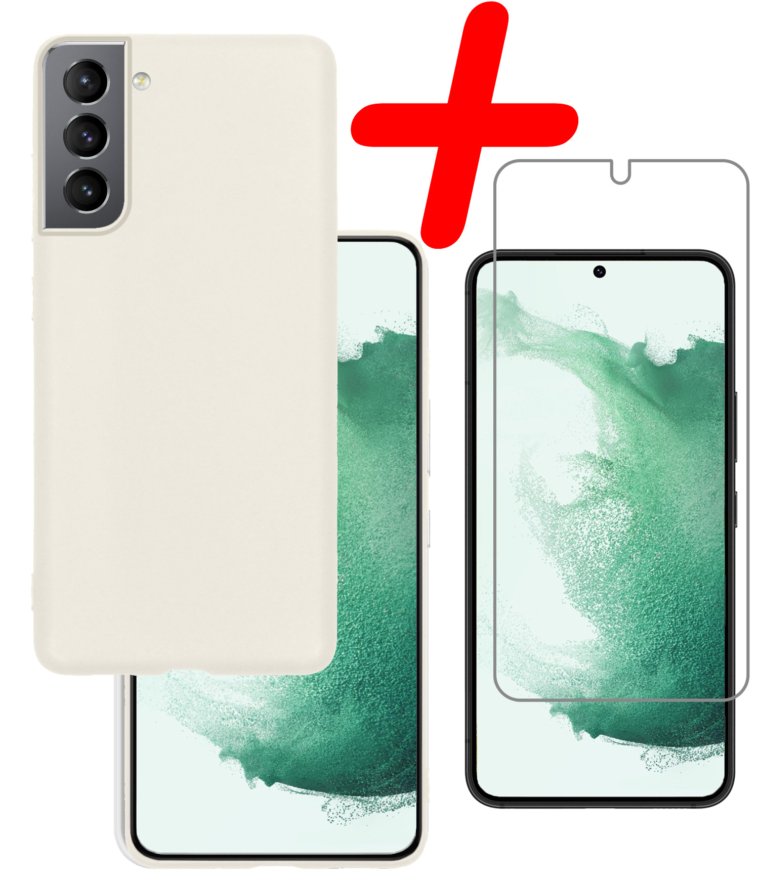 BASEY. Hoes Geschikt voor Samsung S22 Hoesje Siliconen Back Cover Case Met Screenprotector - Hoesje Geschikt voor Samsung Galaxy S22 Hoes Cover Hoesje - Wit