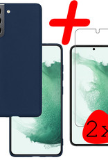 BASEY. Hoes Geschikt voor Samsung S22 Hoesje Siliconen Back Cover Case Met 2x Screenprotector - Hoesje Geschikt voor Samsung Galaxy S22 Hoes Cover Hoesje - Donkerblauw