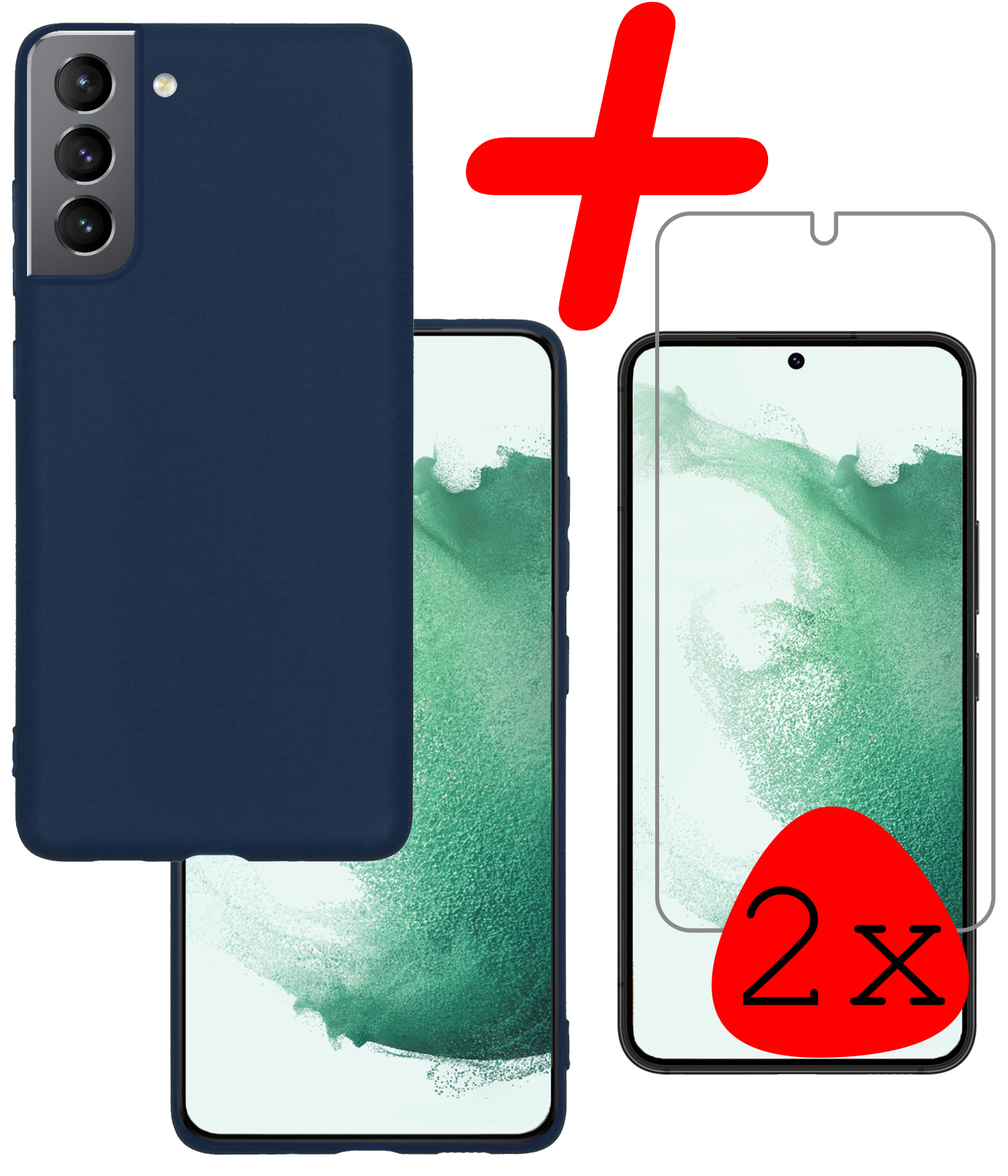 BASEY. Hoes Geschikt voor Samsung S22 Hoesje Siliconen Back Cover Case Met 2x Screenprotector - Hoesje Geschikt voor Samsung Galaxy S22 Hoes Cover Hoesje - Donkerblauw