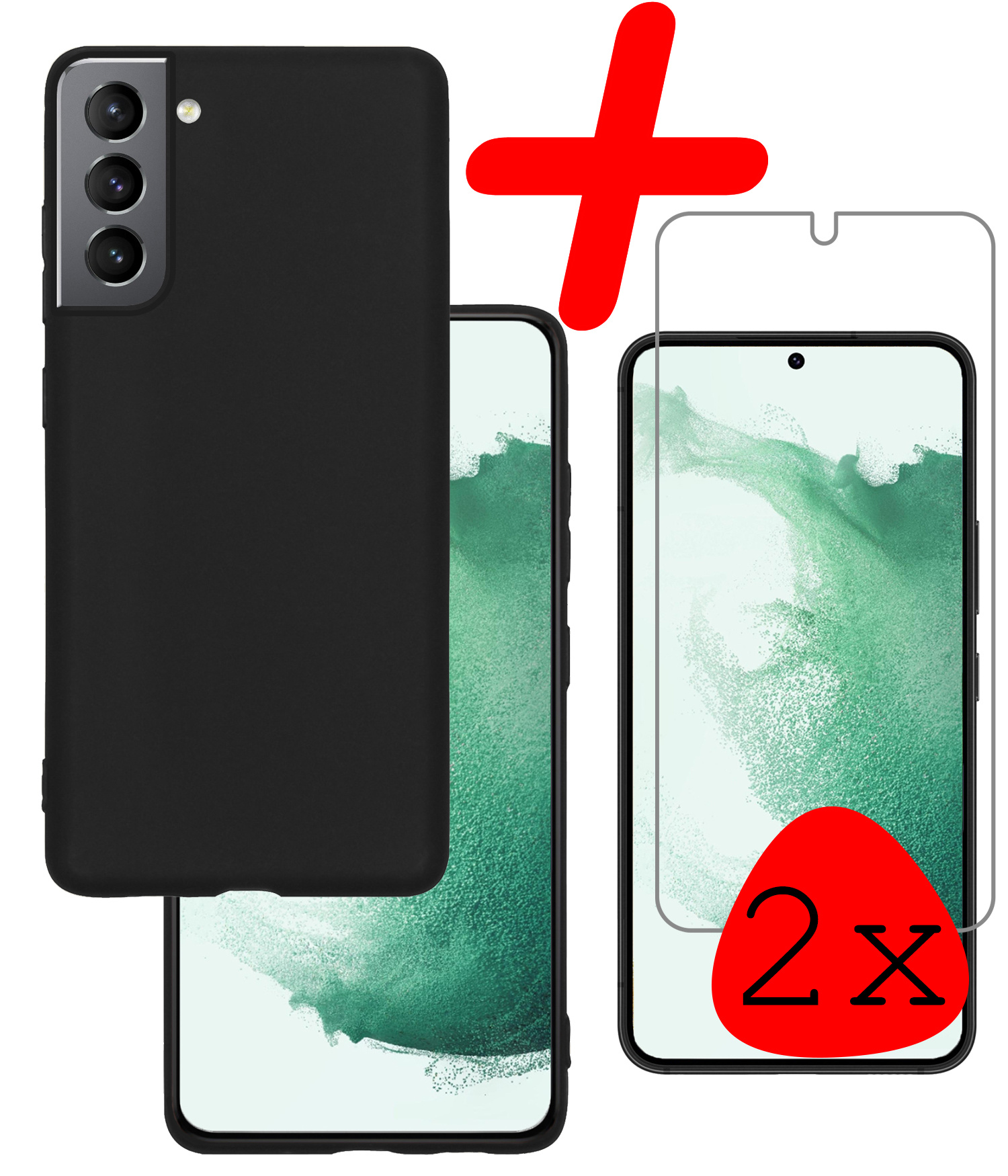 BASEY. Hoes Geschikt voor Samsung S22 Hoesje Siliconen Back Cover Case Met 2x Screenprotector - Hoesje Geschikt voor Samsung Galaxy S22 Hoes Cover Hoesje - Zwart