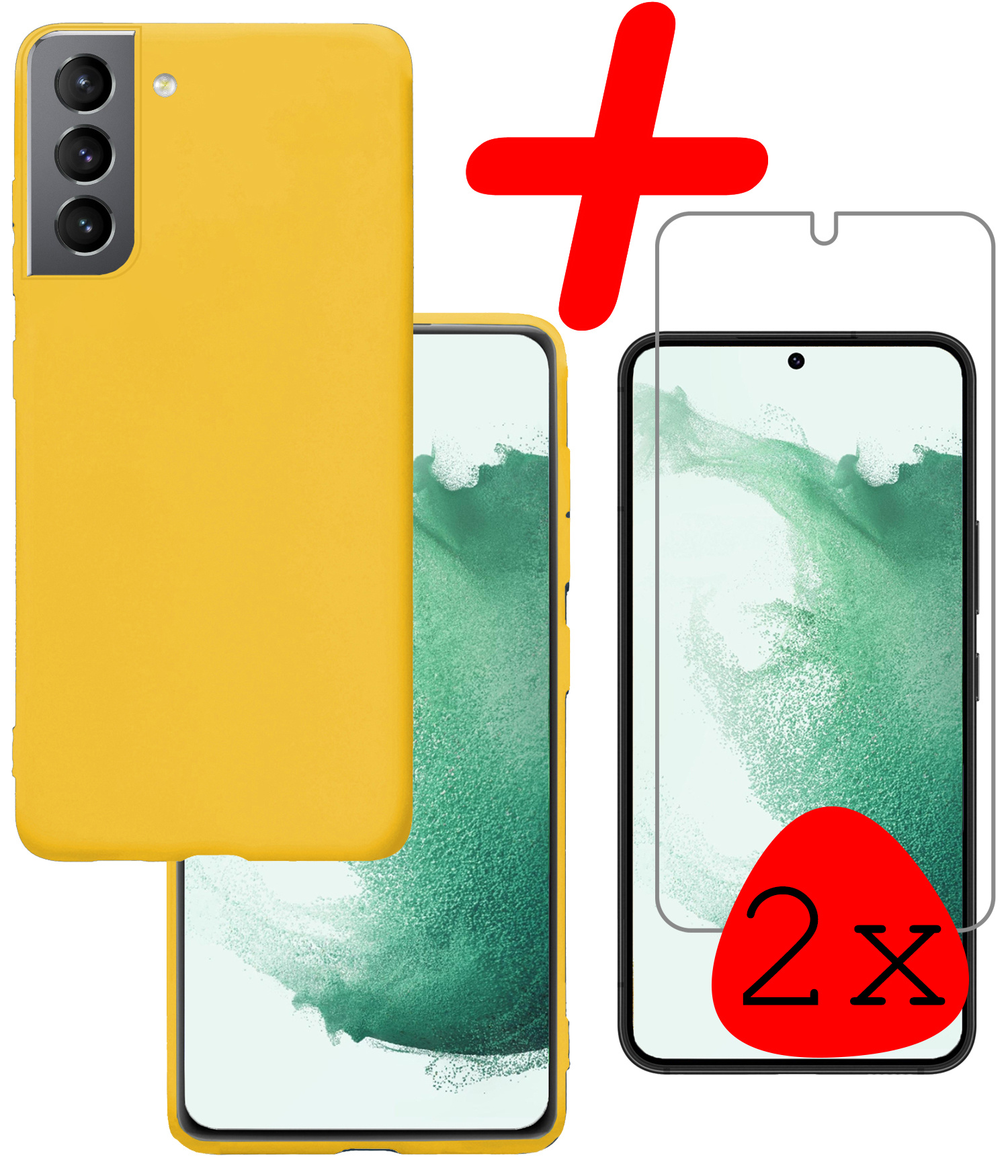 BASEY. Hoes Geschikt voor Samsung S22 Hoesje Siliconen Back Cover Case Met 2x Screenprotector - Hoesje Geschikt voor Samsung Galaxy S22 Hoes Cover Hoesje - Geel