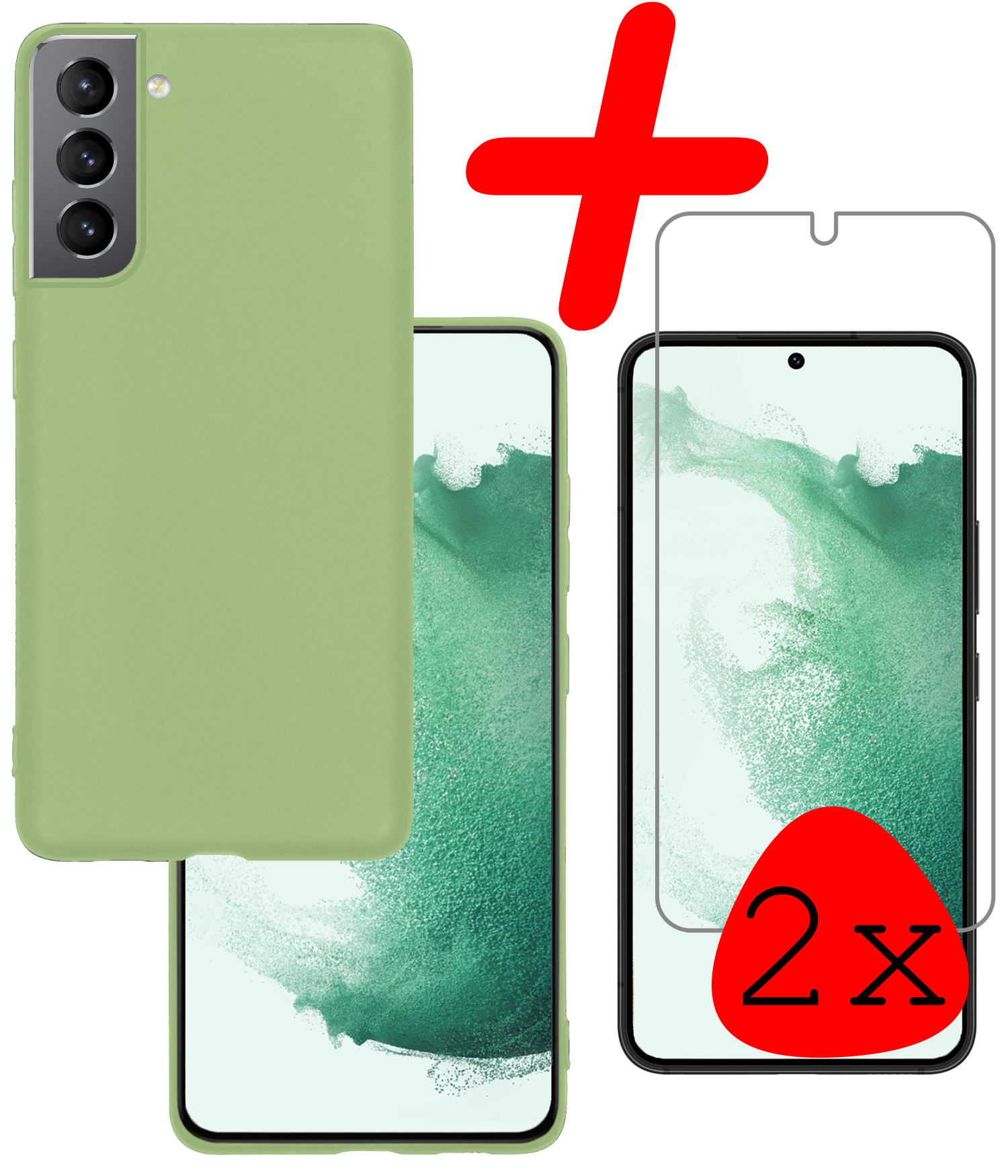BASEY. Hoes Geschikt voor Samsung S22 Hoesje Siliconen Back Cover Case Met 2x Screenprotector - Hoesje Geschikt voor Samsung Galaxy S22 Hoes Cover Hoesje - Groen