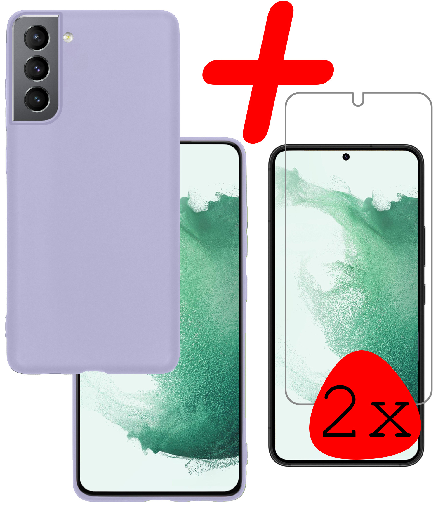 BASEY. Hoes Geschikt voor Samsung S22 Hoesje Siliconen Back Cover Case Met 2x Screenprotector - Hoesje Geschikt voor Samsung Galaxy S22 Hoes Cover Hoesje - Lila
