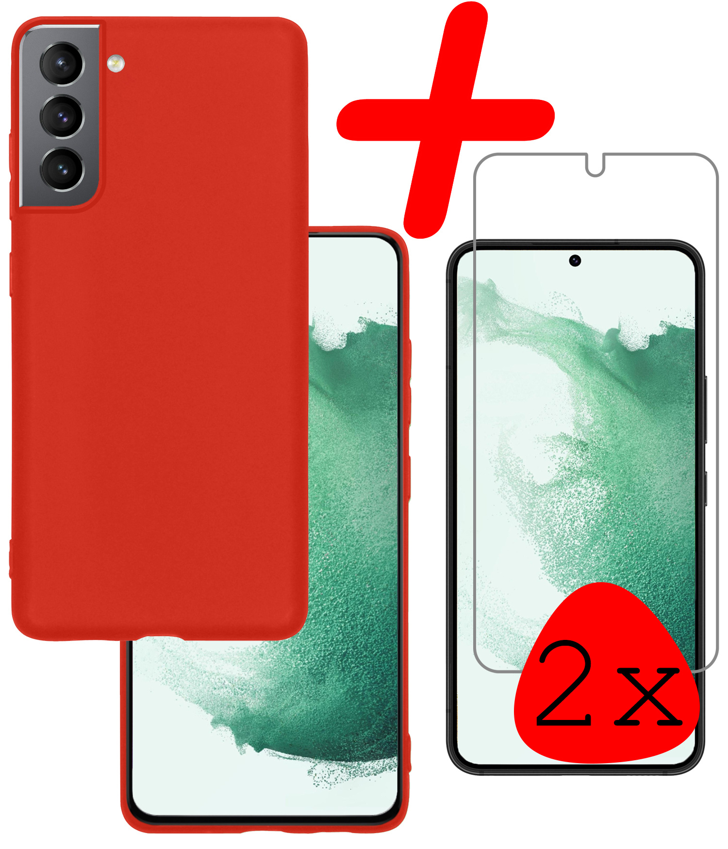 BASEY. Hoes Geschikt voor Samsung S22 Hoesje Siliconen Back Cover Case Met 2x Screenprotector - Hoesje Geschikt voor Samsung Galaxy S22 Hoes Cover Hoesje - Rood