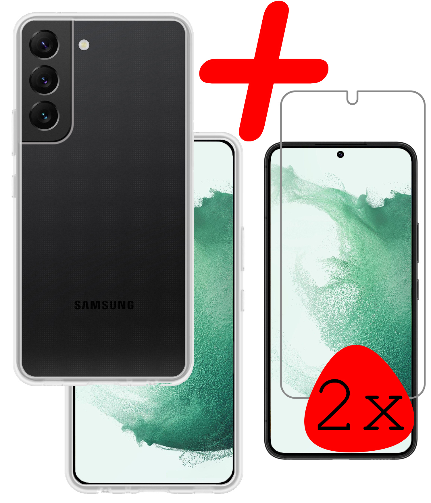 BASEY. Hoes Geschikt voor Samsung S22 Hoesje Siliconen Back Cover Case Met 2x Screenprotector - Hoesje Geschikt voor Samsung Galaxy S22 Hoes Cover Hoesje - Transparant
