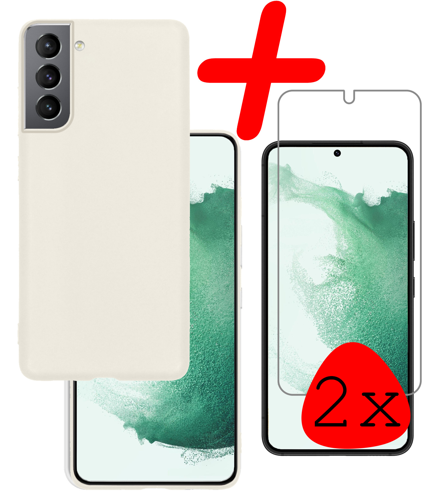 BASEY. Hoes Geschikt voor Samsung S22 Hoesje Siliconen Back Cover Case Met 2x Screenprotector - Hoesje Geschikt voor Samsung Galaxy S22 Hoes Cover Hoesje - Wit
