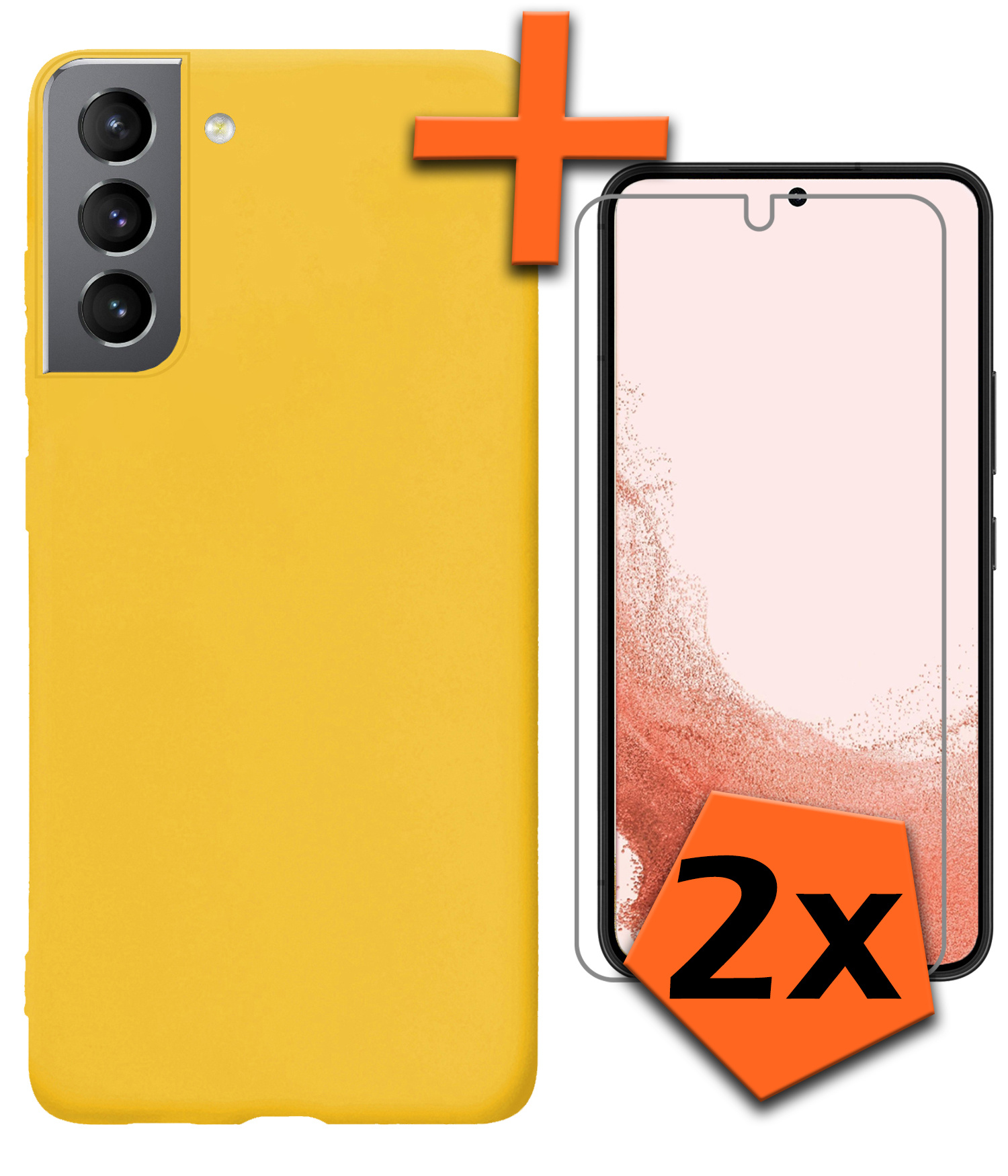 Nomfy Hoesje Geschikt voor Samsung S22 Hoesje Siliconen Cover Case Met 2x Screenprotector - Hoes Geschikt voor Samsung Galaxy S22 Hoes Back Case - Geel
