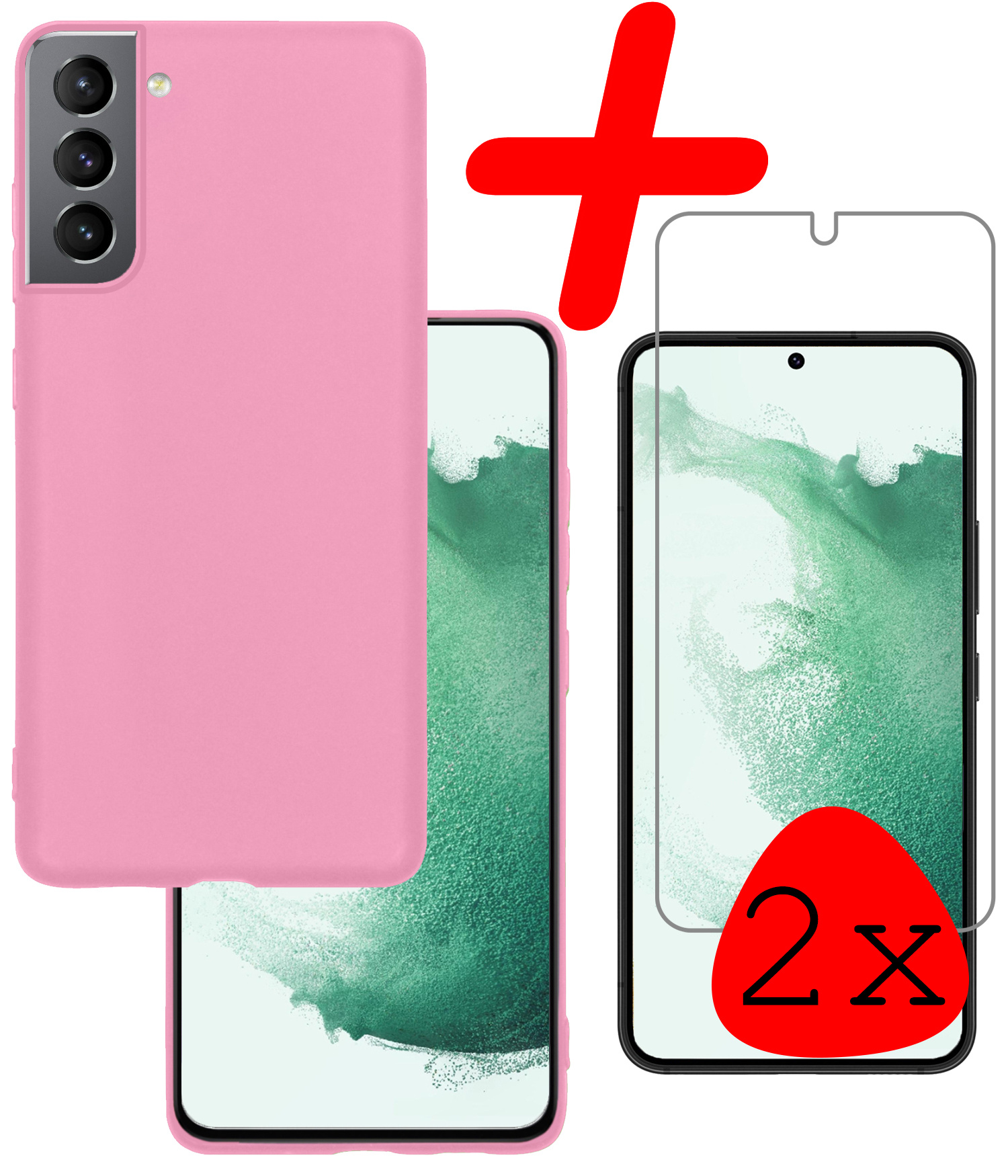 BASEY. Hoes Geschikt voor Samsung S22 Plus Hoesje Siliconen Back Cover Case Met 2x Screenprotector - Hoesje Geschikt voor Samsung Galaxy S22 Plus Hoes Cover Hoesje - Lichtroze