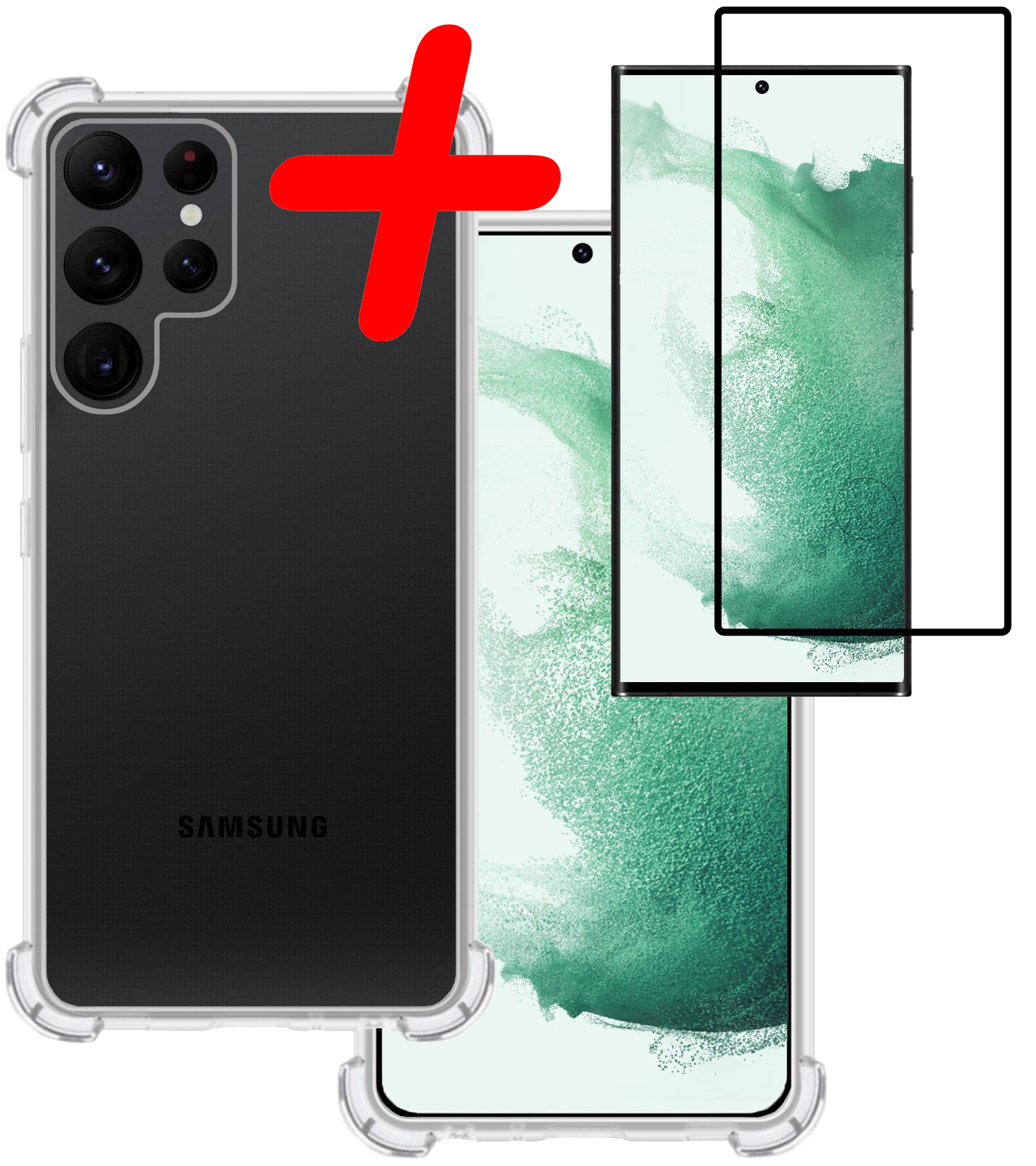 BASEY. Hoes Geschikt voor Samsung S22 Ultra Hoesje Shock Proof Case Hoes Siliconen Met Screenprotector - Hoesje Geschikt voor Samsung Galaxy S22 Ultra Hoes Cover Shockproof - Transparant