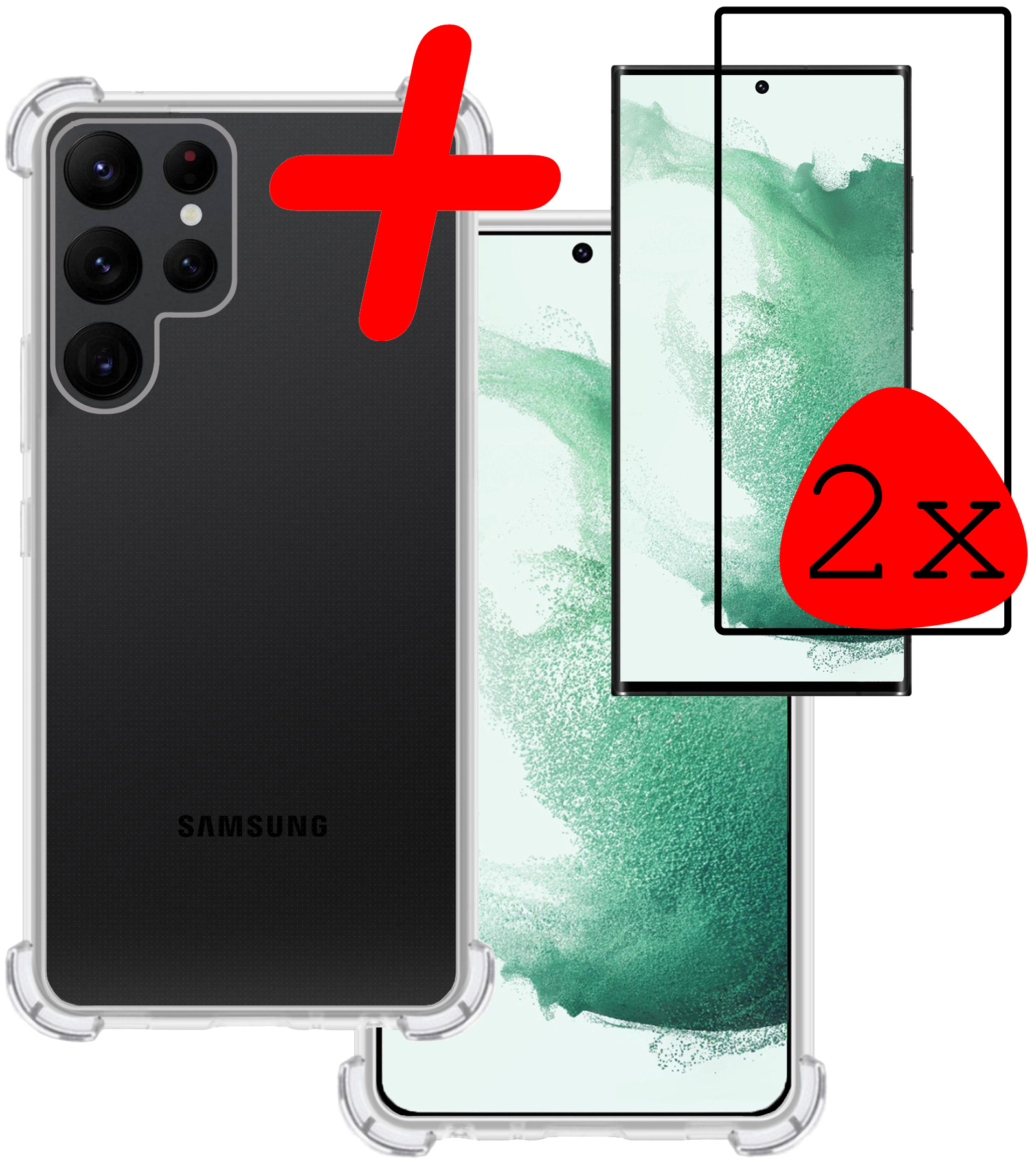 BASEY. Hoes Geschikt voor Samsung S22 Ultra Hoesje Shock Proof Case Hoes Siliconen Met 2x Screenprotector - Hoesje Geschikt voor Samsung Galaxy S22 Ultra Hoes Cover Shockproof - Transparant