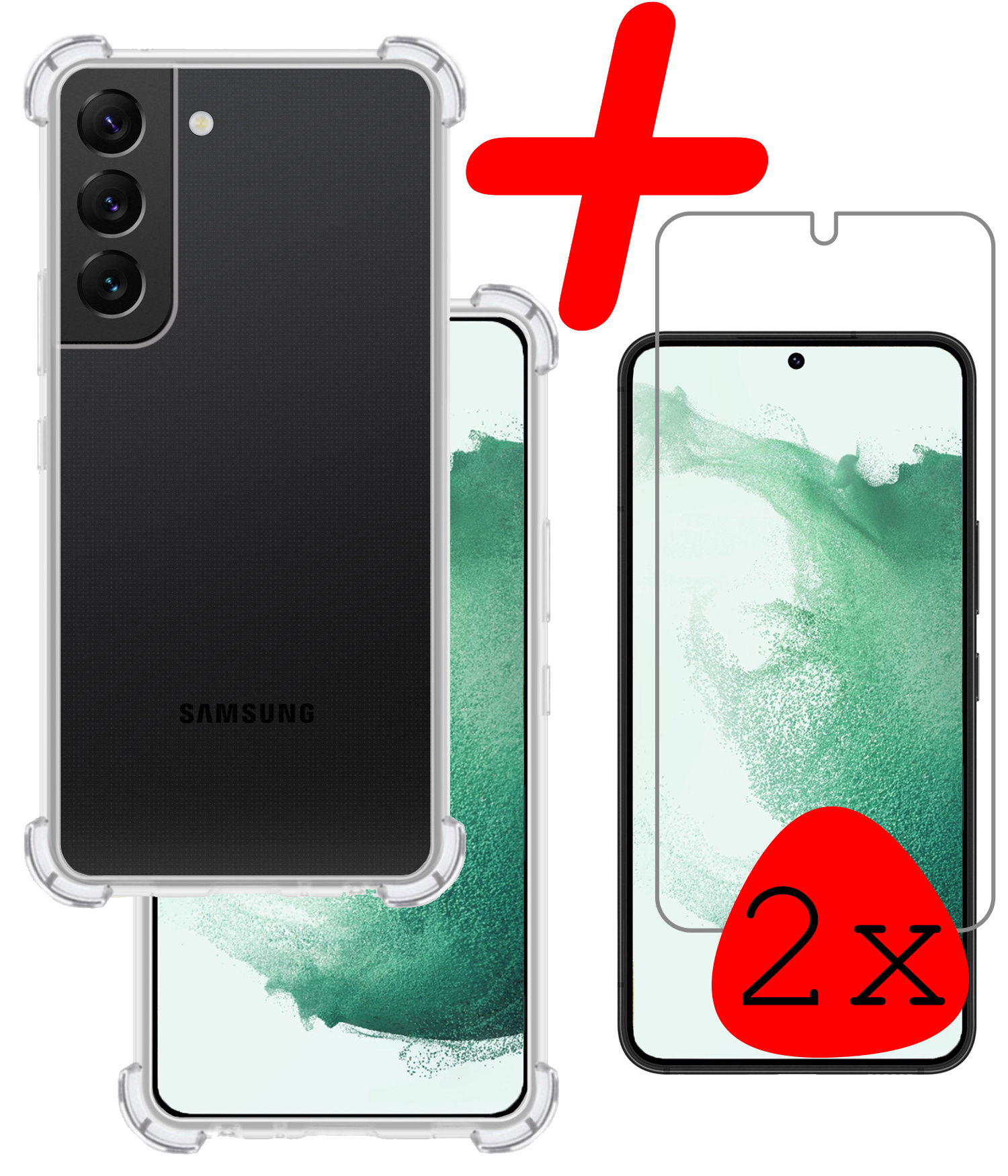 BASEY. Hoes Geschikt voor Samsung S22 Hoesje Shock Proof Case Hoes Siliconen Met 2x Screenprotector - Hoesje Geschikt voor Samsung Galaxy S22 Hoes Cover Shockproof - Transparant