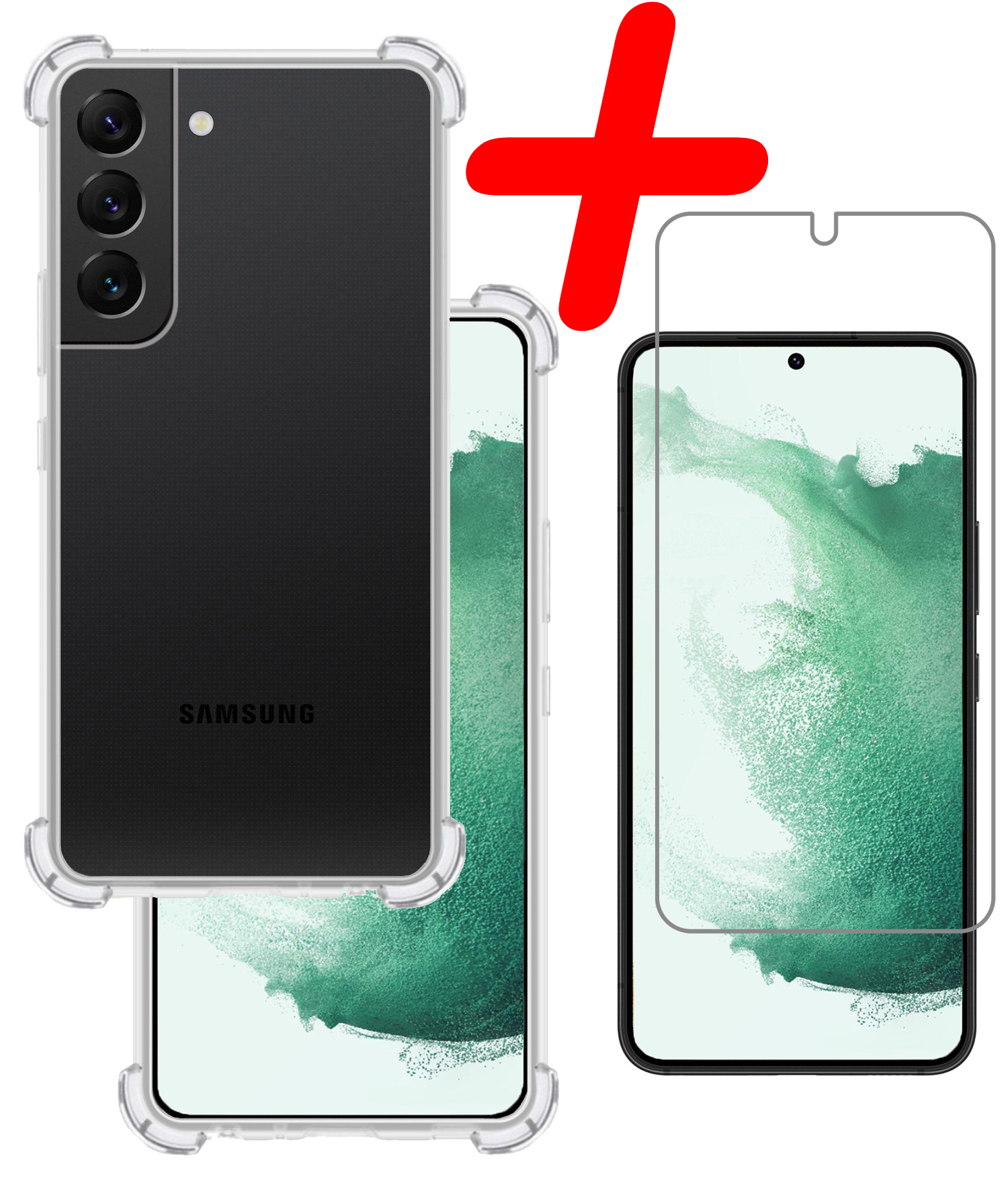 BASEY. Hoes Geschikt voor Samsung S22 Plus Hoesje Shock Proof Case Hoes Siliconen Met Screenprotector - Hoesje Geschikt voor Samsung Galaxy S22 Plus Hoes Cover Shockproof - Transparant