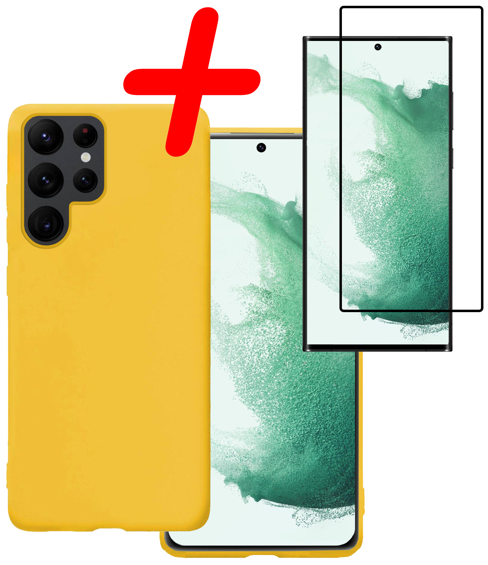 BASEY. Hoes Geschikt voor Samsung S22 Ultra Hoesje Siliconen Back Cover Case Met Screenprotector - Hoesje Geschikt voor Samsung Galaxy S22 Ultra Hoes Cover Hoesje - Geel