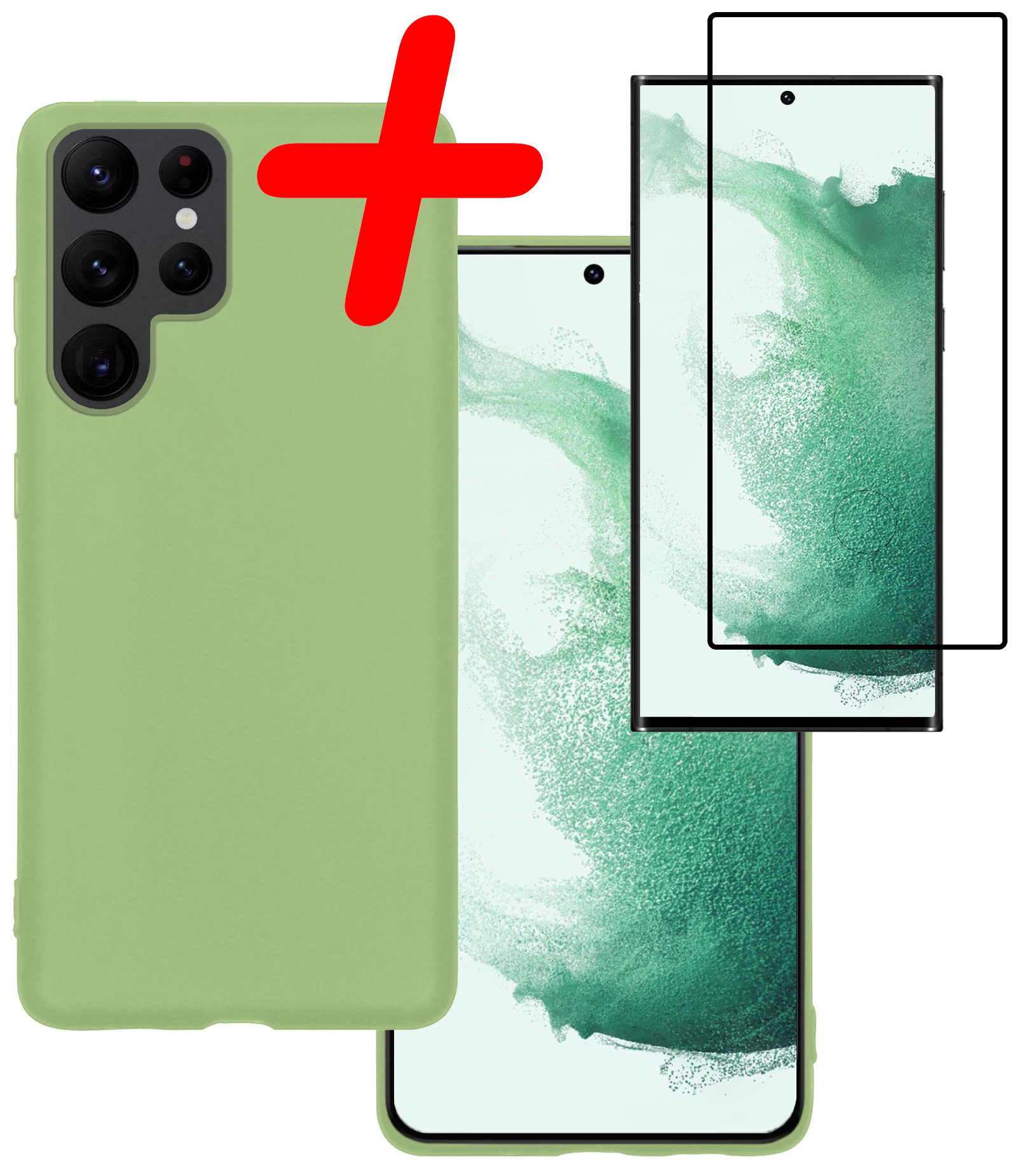 BASEY. Hoes Geschikt voor Samsung S22 Ultra Hoesje Siliconen Back Cover Case Met Screenprotector - Hoesje Geschikt voor Samsung Galaxy S22 Ultra Hoes Cover Hoesje - Groen