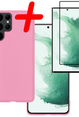 BASEY. Hoes Geschikt voor Samsung S22 Ultra Hoesje Siliconen Back Cover Case Met Screenprotector - Hoesje Geschikt voor Samsung Galaxy S22 Ultra Hoes Cover Hoesje - Lichtroze