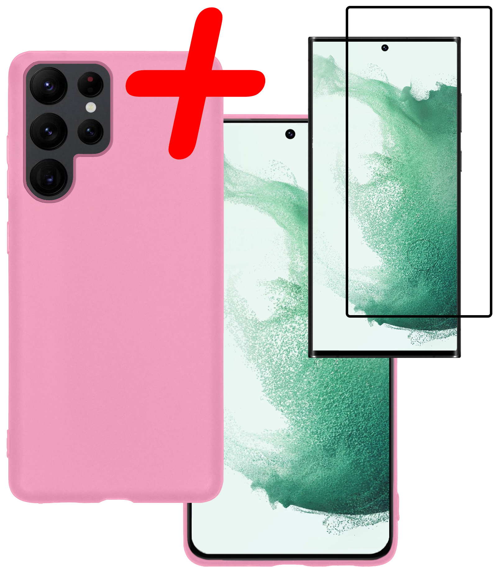 BASEY. Hoes Geschikt voor Samsung S22 Ultra Hoesje Siliconen Back Cover Case Met Screenprotector - Hoesje Geschikt voor Samsung Galaxy S22 Ultra Hoes Cover Hoesje - Lichtroze