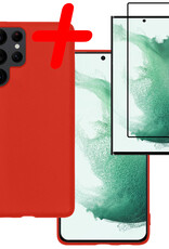BASEY. Hoes Geschikt voor Samsung S22 Ultra Hoesje Siliconen Back Cover Case Met Screenprotector - Hoesje Geschikt voor Samsung Galaxy S22 Ultra Hoes Cover Hoesje - Rood