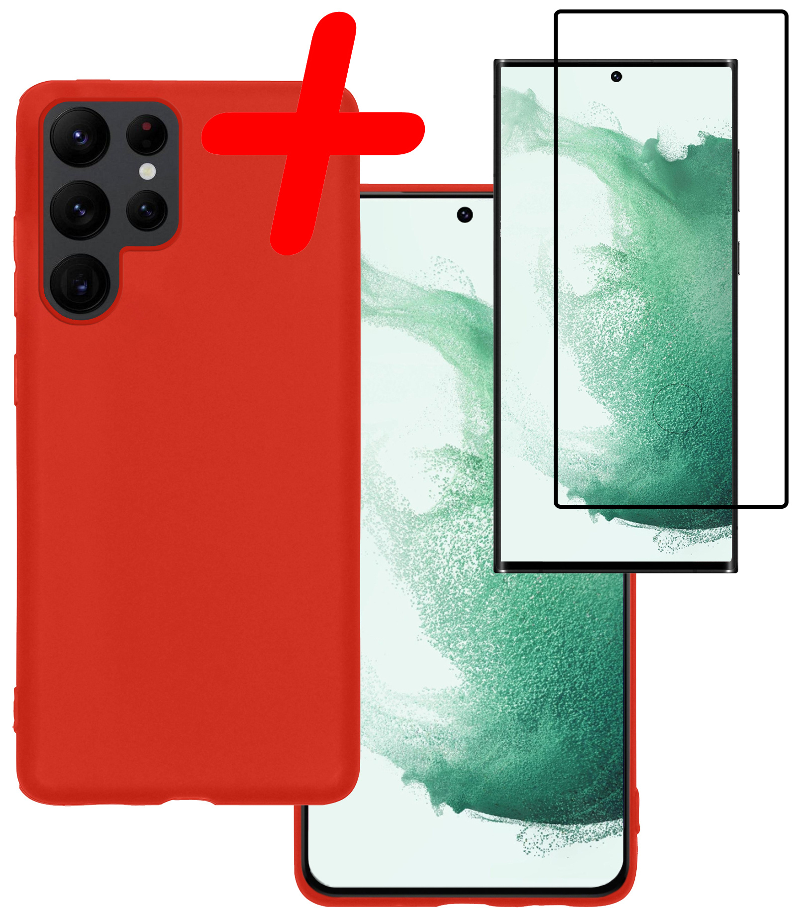 BASEY. Hoes Geschikt voor Samsung S22 Ultra Hoesje Siliconen Back Cover Case Met Screenprotector - Hoesje Geschikt voor Samsung Galaxy S22 Ultra Hoes Cover Hoesje - Rood