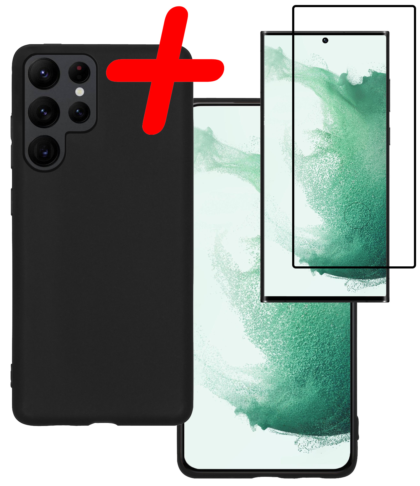 BASEY. Hoes Geschikt voor Samsung S22 Ultra Hoesje Siliconen Back Cover Case Met Screenprotector - Hoesje Geschikt voor Samsung Galaxy S22 Ultra Hoes Cover Hoesje - Zwart